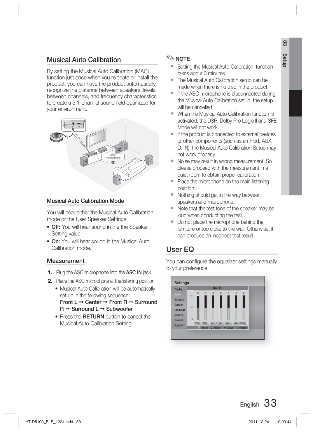 Samsung HT-D5100/XN, HT-D5100/EN, HT-D5100/ZF, HT-D5100/XE manual User EQ, Musical Auto Calibration Mode, Measurement 