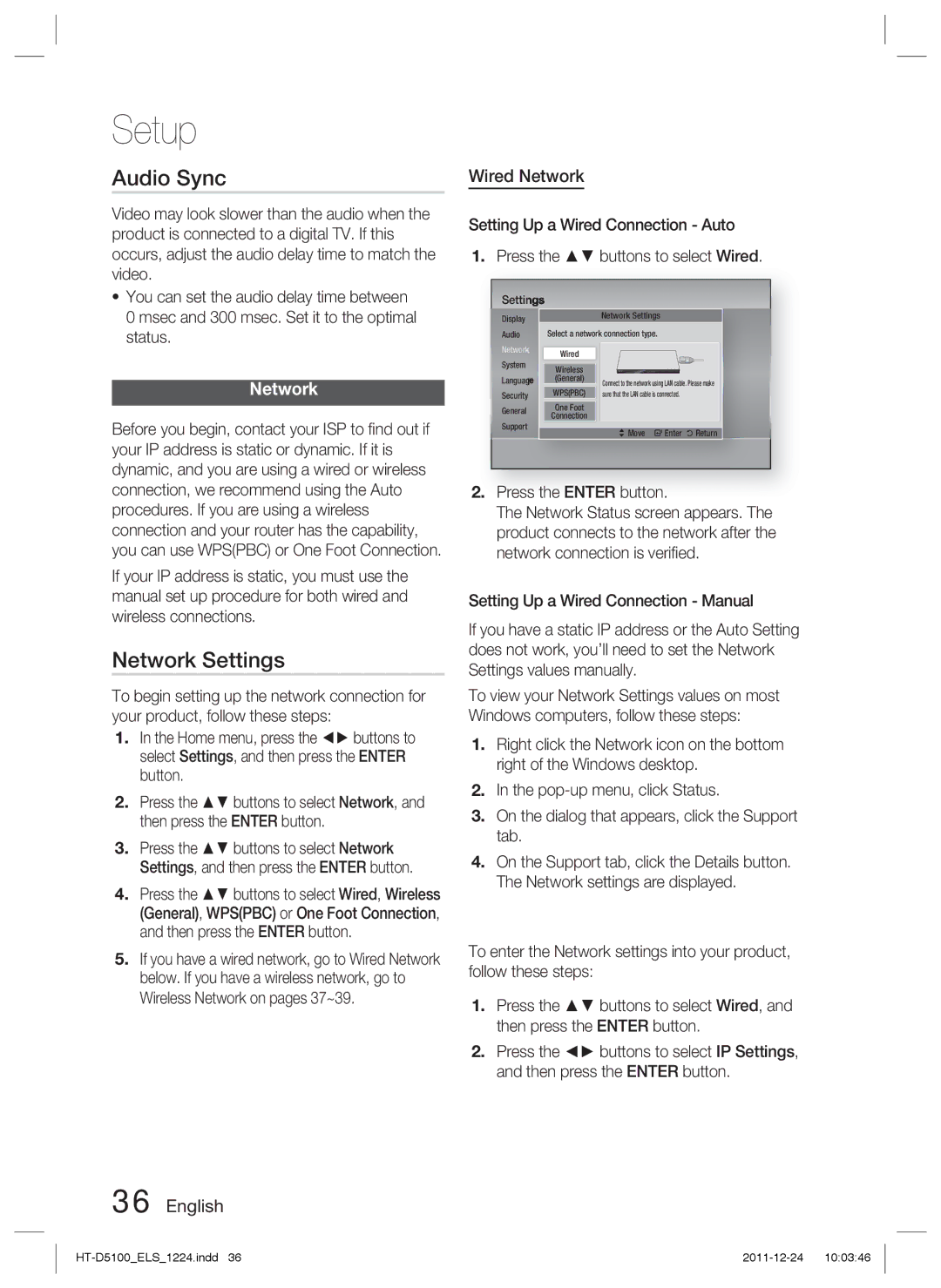 Samsung HT-D5100/EN, HT-D5100/XN, HT-D5100/ZF, HT-D5100/XE manual Audio Sync, Network Settings, Wired Network 