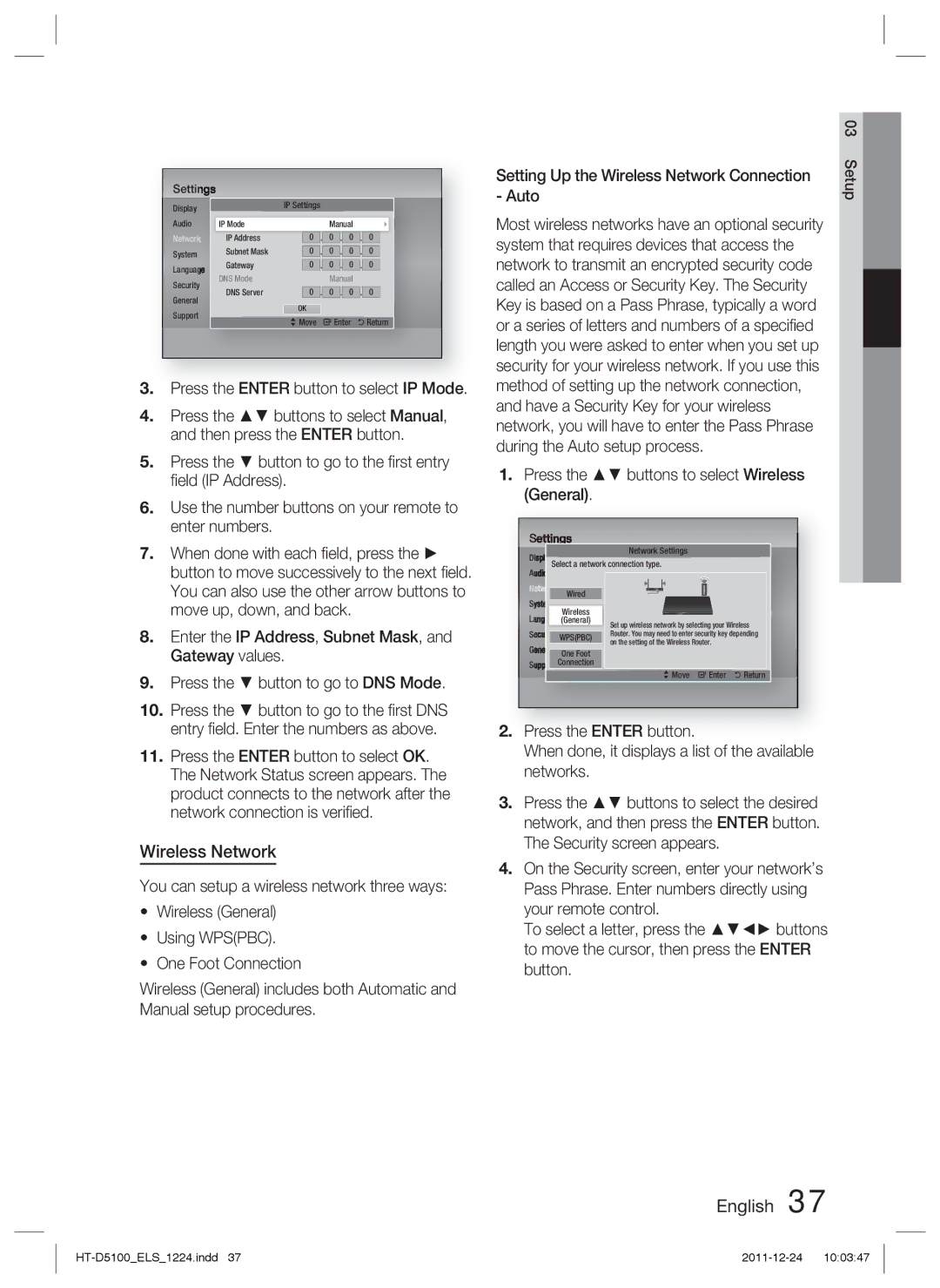 Samsung HT-D5100/XN, HT-D5100/EN, HT-D5100/ZF, HT-D5100/XE manual Wireless Network 