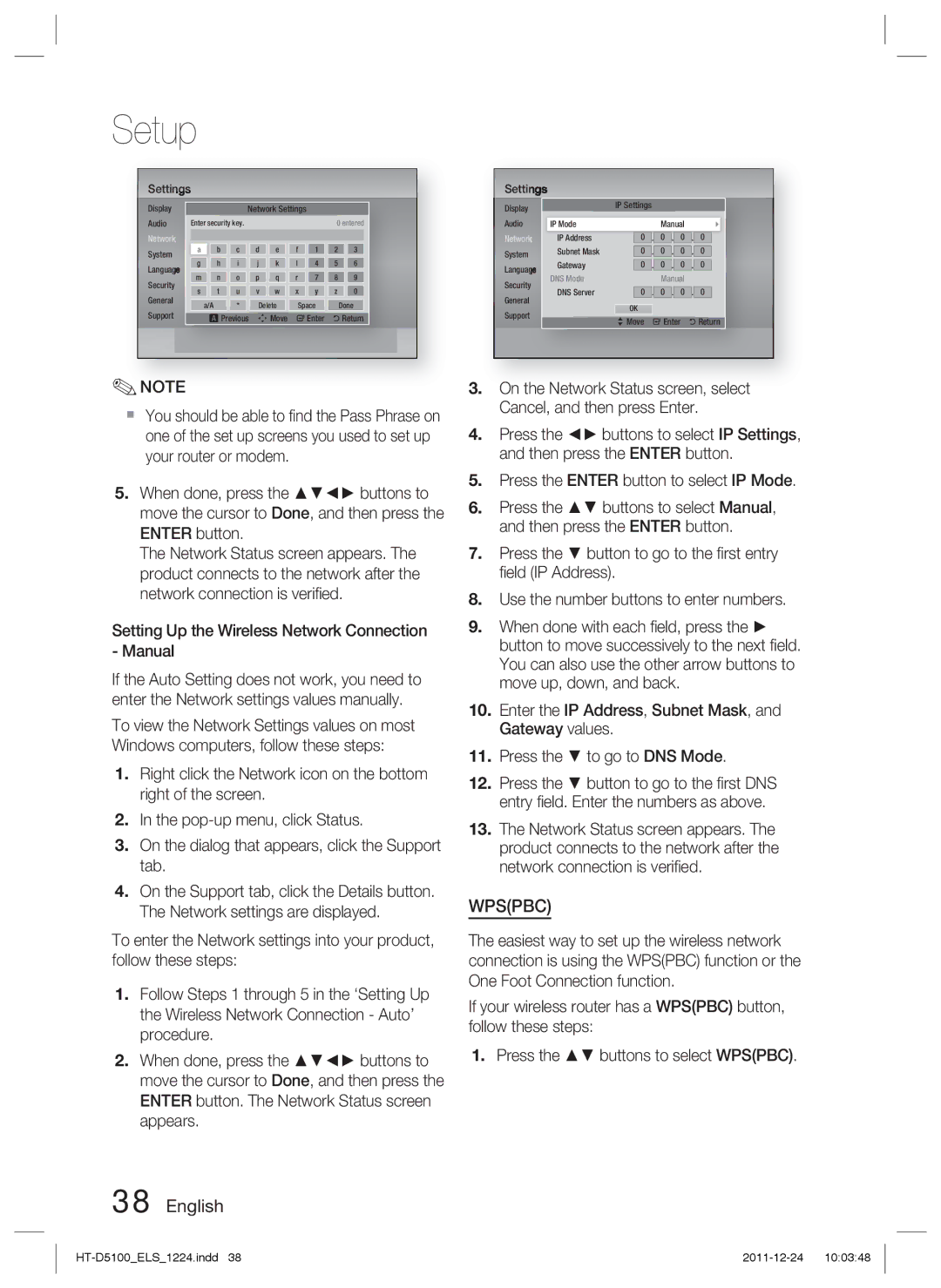 Samsung HT-D5100/ZF, HT-D5100/EN, HT-D5100/XN, HT-D5100/XE manual Wpspbc, Setting Up the Wireless Network Connection Manual 