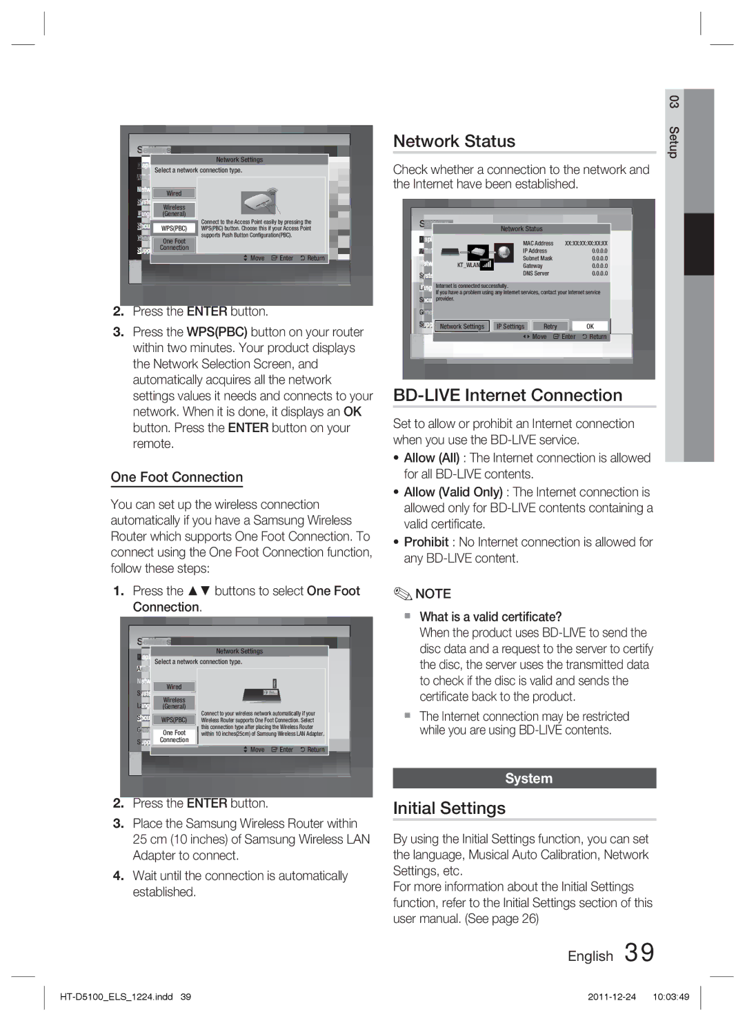 Samsung HT-D5100/XE manual Network Status, BD-LIVE Internet Connection, Initial Settings, One Foot Connection, System 