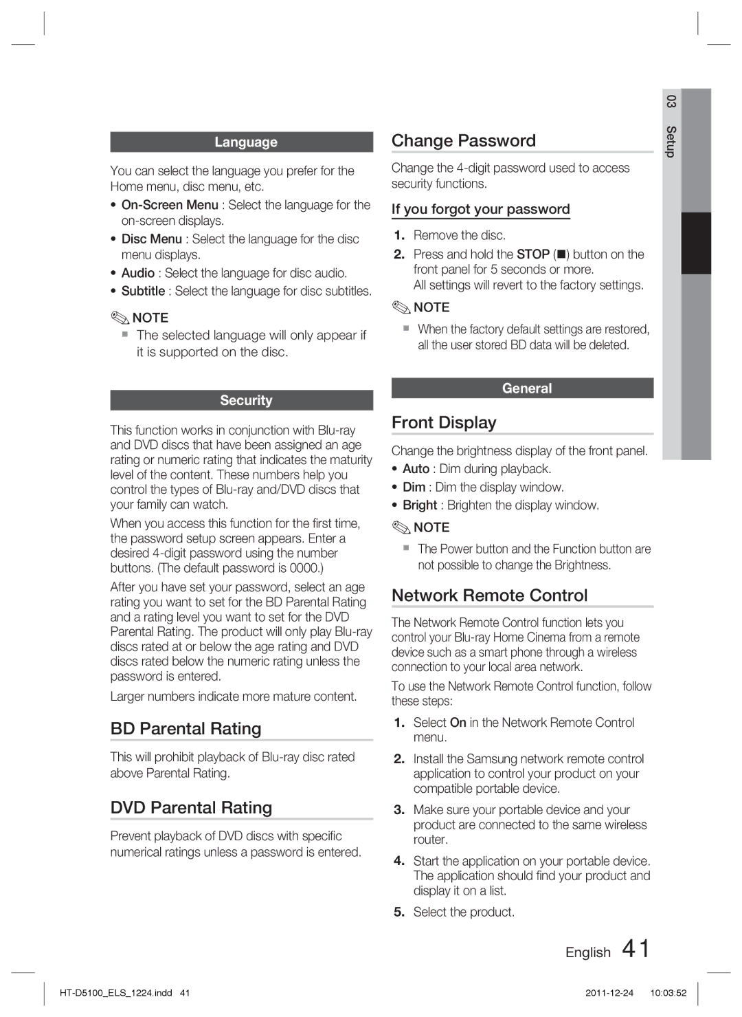 Samsung HT-D5100/XN manual Change Password, BD Parental Rating, DVD Parental Rating, Front Display, Network Remote Control 