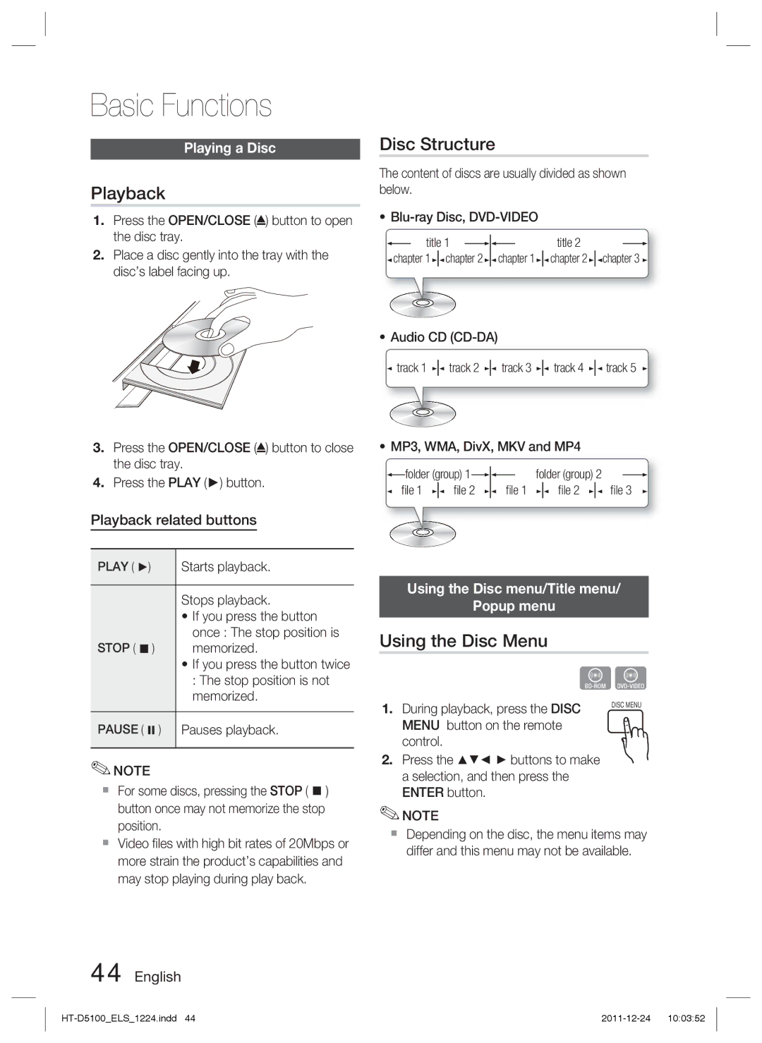 Samsung HT-D5100/EN, HT-D5100/XN, HT-D5100/ZF, HT-D5100/XE Basic Functions, Playback, Disc Structure, Using the Disc Menu 