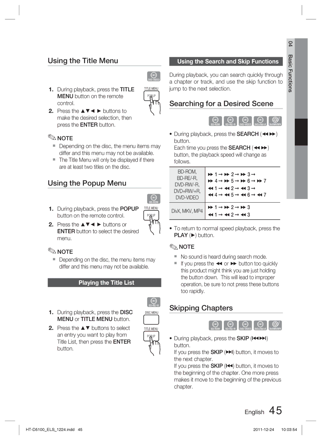 Samsung HT-D5100/XN manual Using the Title Menu, Searching for a Desired Scene, Using the Popup Menu, Skipping Chapters 