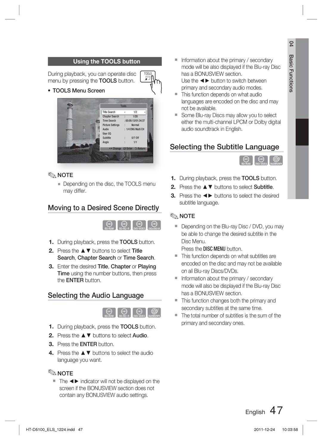 Samsung HT-D5100/XE Moving to a Desired Scene Directly, Selecting the Audio Language, Selecting the Subtitle Language 