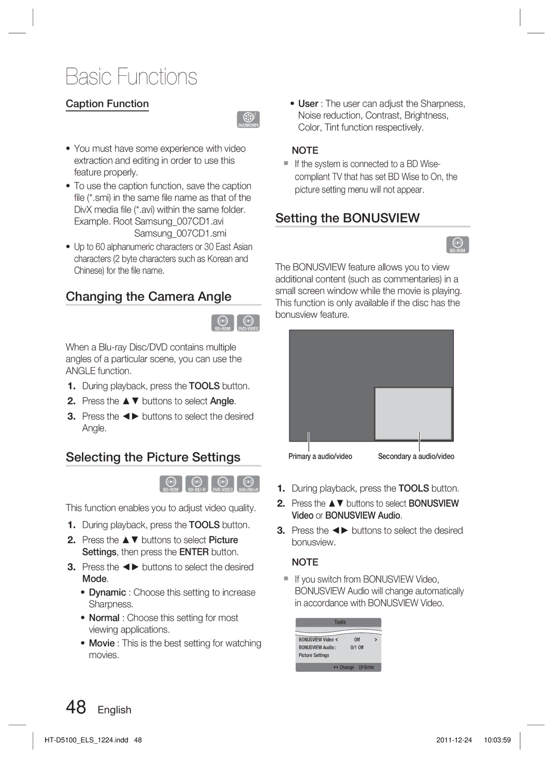 Samsung HT-D5100/EN Changing the Camera Angle, Selecting the Picture Settings, Setting the Bonusview, Caption Function 