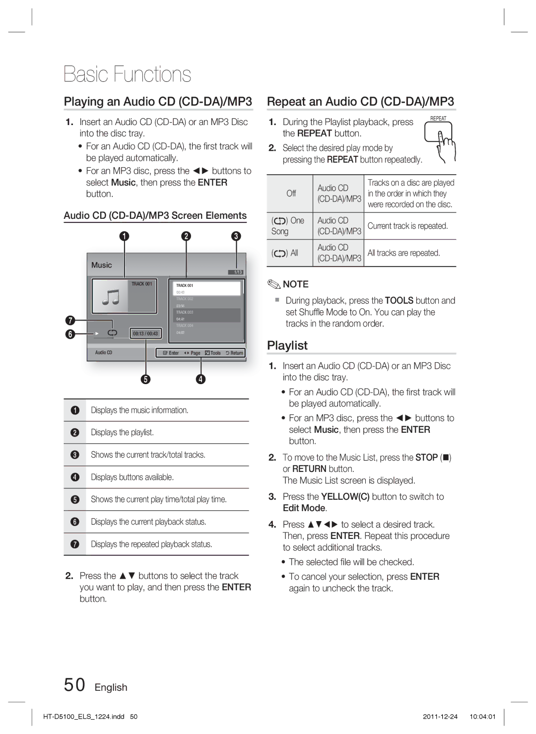 Samsung HT-D5100/ZF, HT-D5100/EN, HT-D5100/XN manual Playing an Audio CD CD-DA/MP3, Repeat an Audio CD CD-DA/MP3, Playlist 