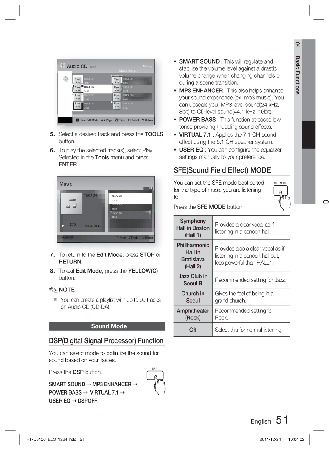 Samsung HT-D5100/XE, HT-D5100/EN, HT-D5100/XN SFESound Field Effect Mode, DSPDigital Signal Processor Function, Sound Mode 