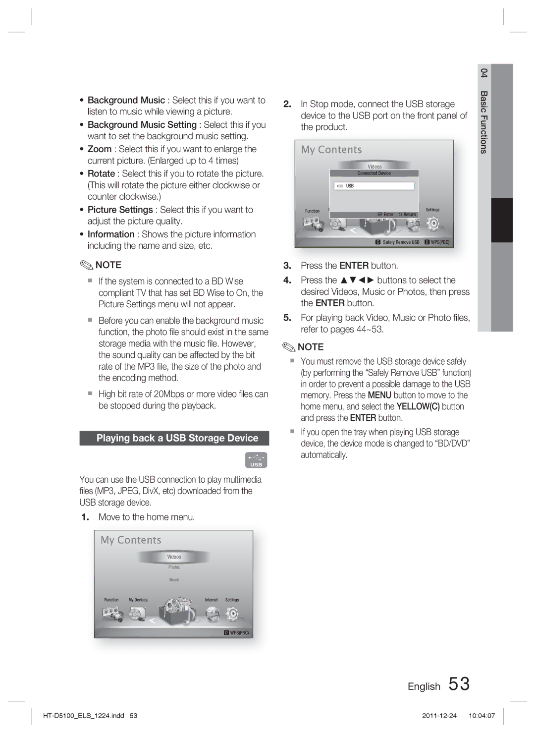 Samsung HT-D5100/XN, HT-D5100/EN, HT-D5100/ZF, HT-D5100/XE manual Playing back a USB Storage Device, Basic Functions 