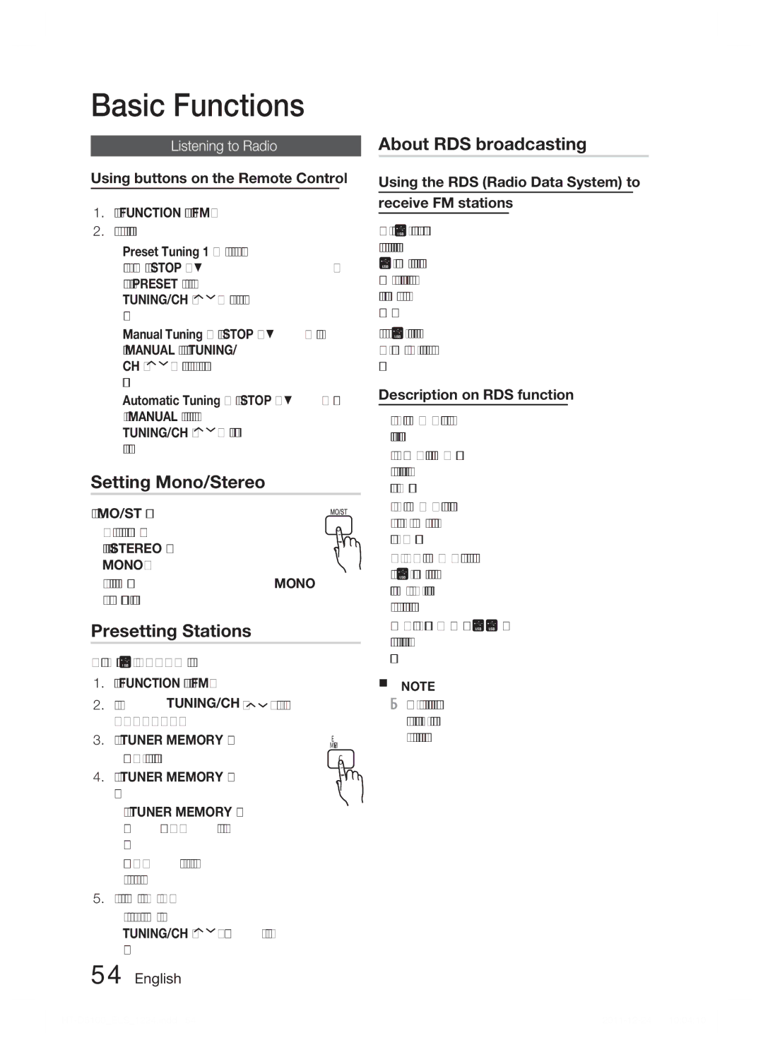 Samsung HT-D5100/ZF, HT-D5100/EN manual Setting Mono/Stereo, Presetting Stations, About RDS broadcasting, Listening to Radio 