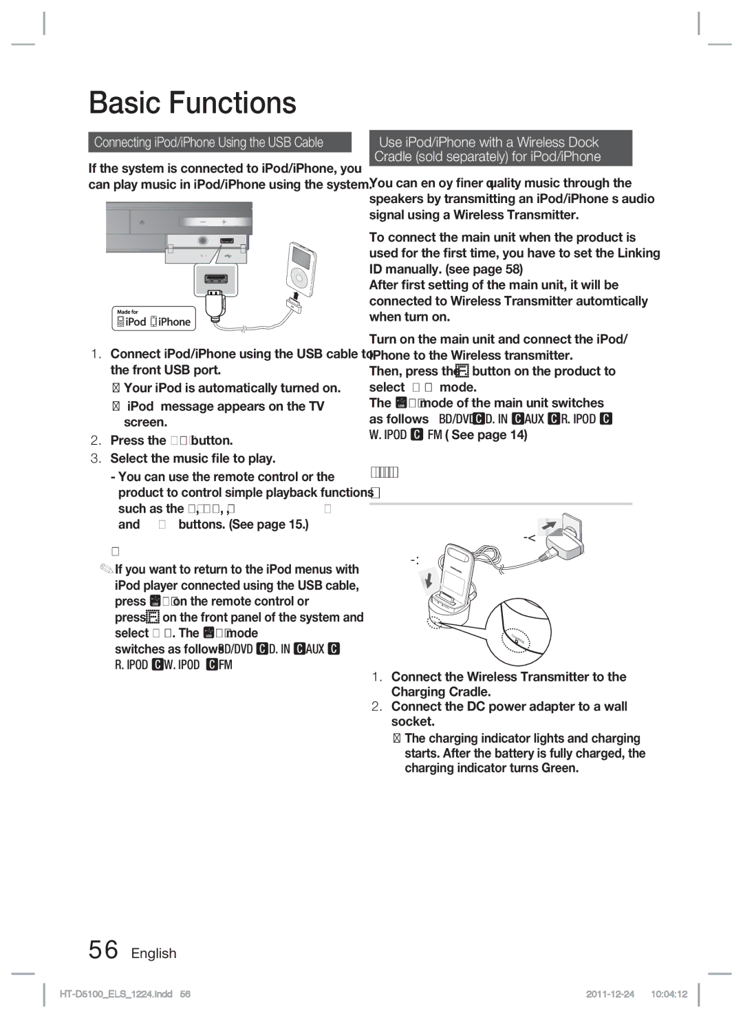 Samsung HT-D5100/EN, HT-D5100/XN, HT-D5100/ZF, HT-D5100/XE manual How to charge the Wireless Transmitter, Ipod Ipod FM 