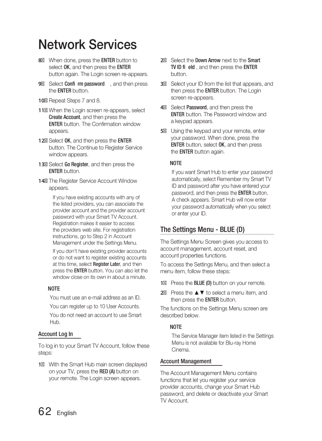 Samsung HT-D5100/ZF, HT-D5100/EN, HT-D5100/XN, HT-D5100/XE manual Settings Menu Blue D, Account Log, Account Management 