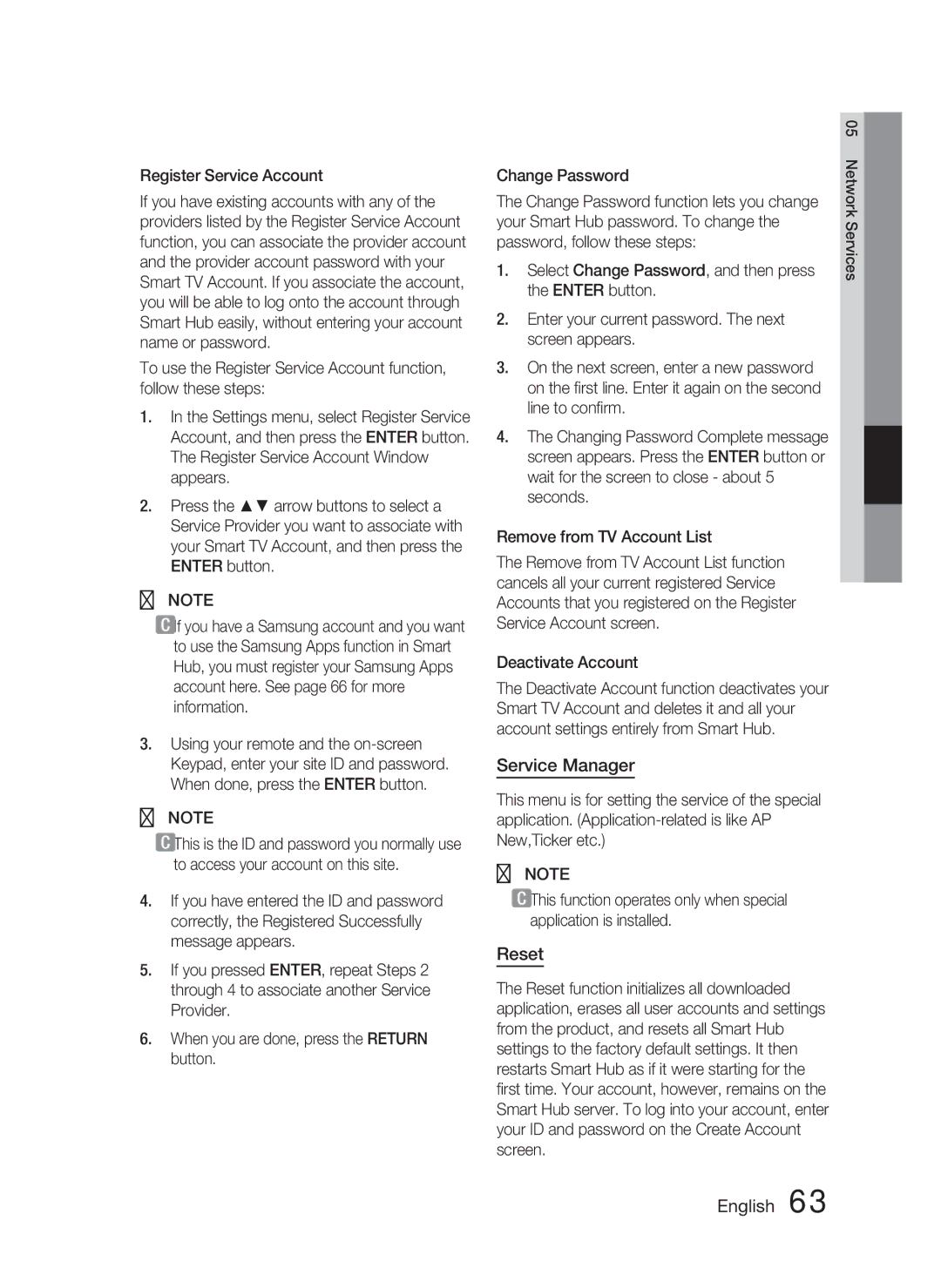 Samsung HT-D5100/XE, HT-D5100/EN, HT-D5100/XN, HT-D5100/ZF manual Service Manager, Reset, Register Service Account 