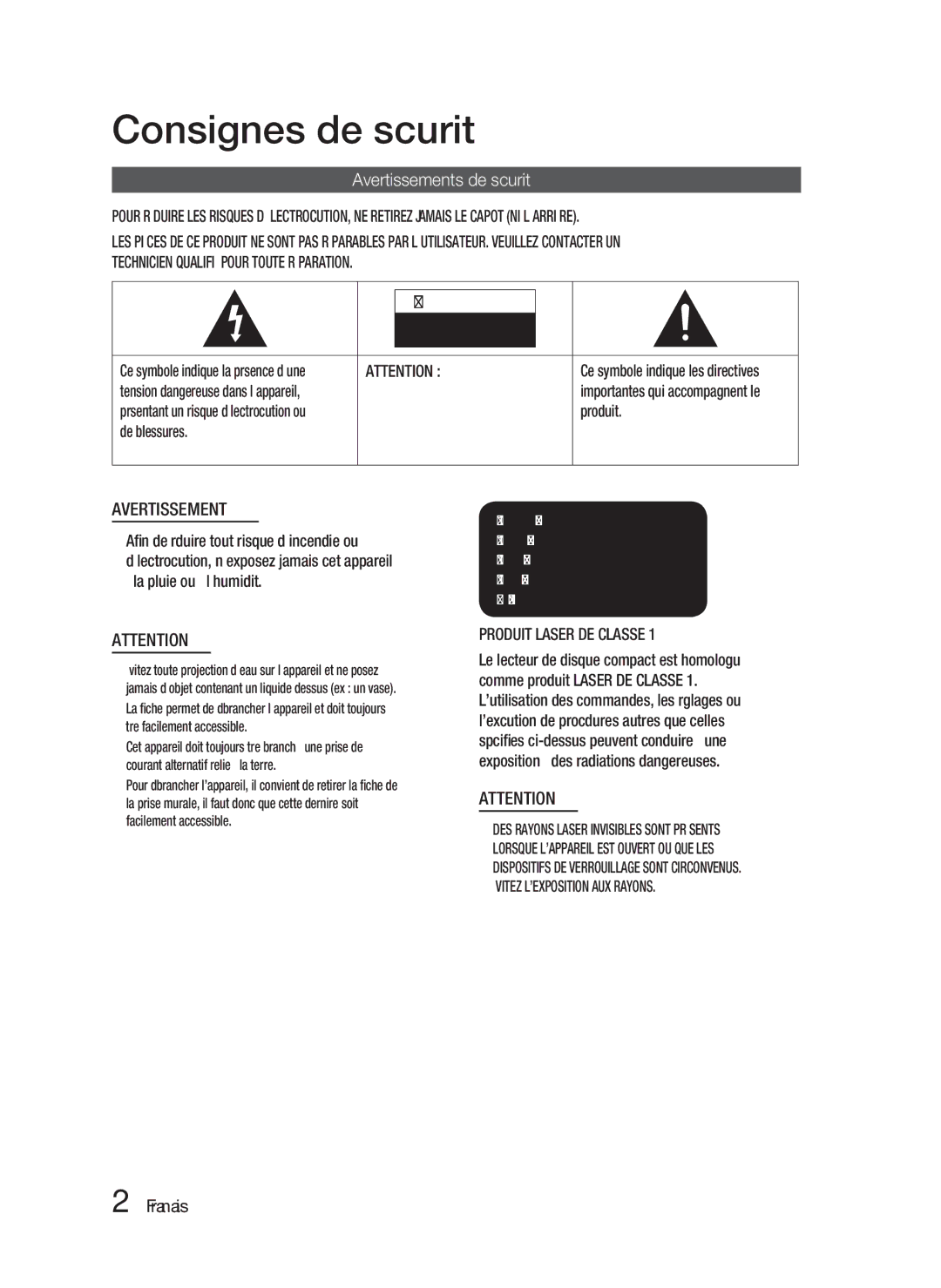 Samsung HT-D5100/XN manual Consignes de sécurité, Avertissements de sécurité, Français, Plus Large, Produit Laser DE Classe 