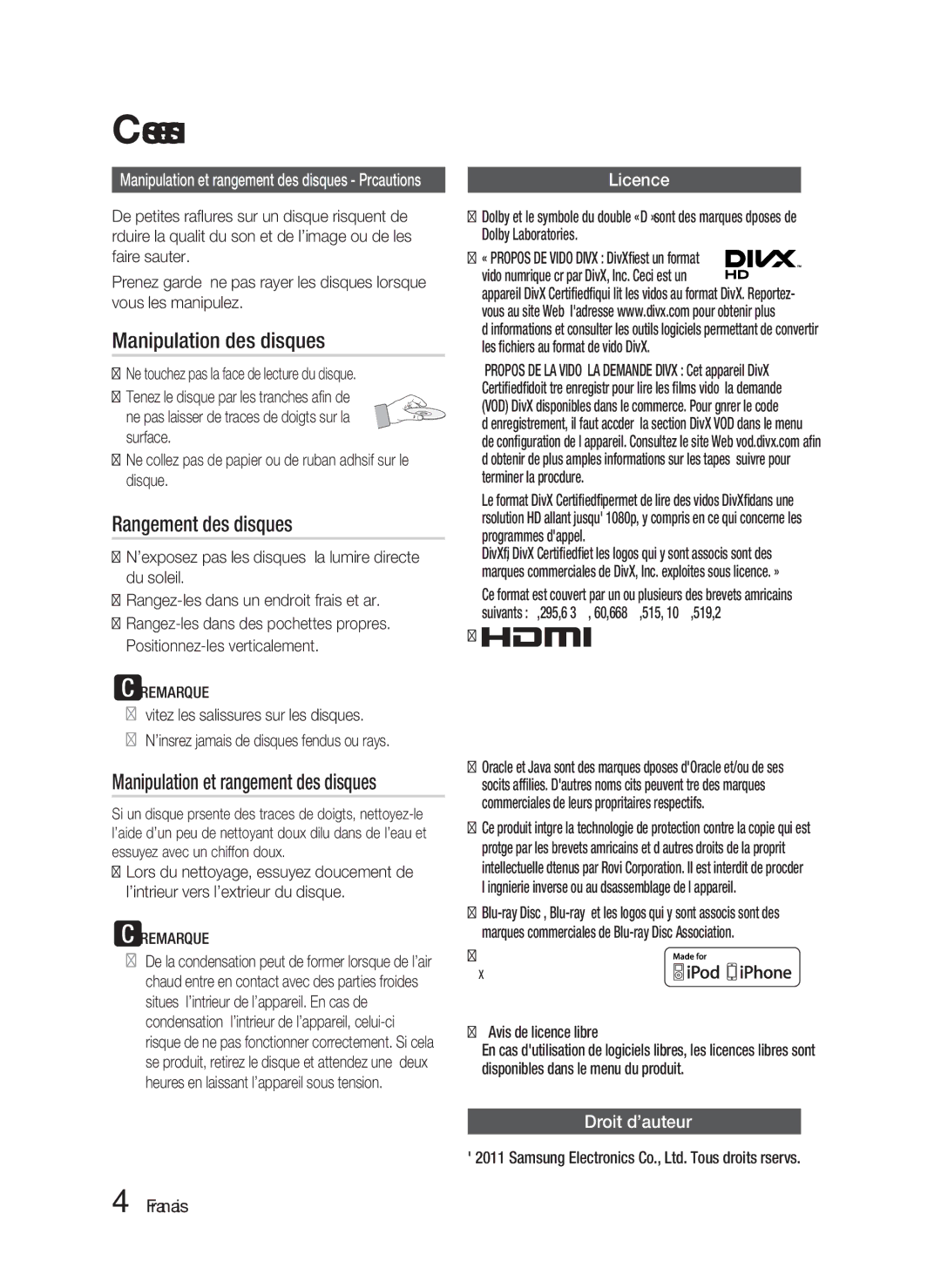 Samsung HT-D5100/XE Manipulation des disques, Rangement des disques, Manipulation et rangement des disques, Droit d’auteur 