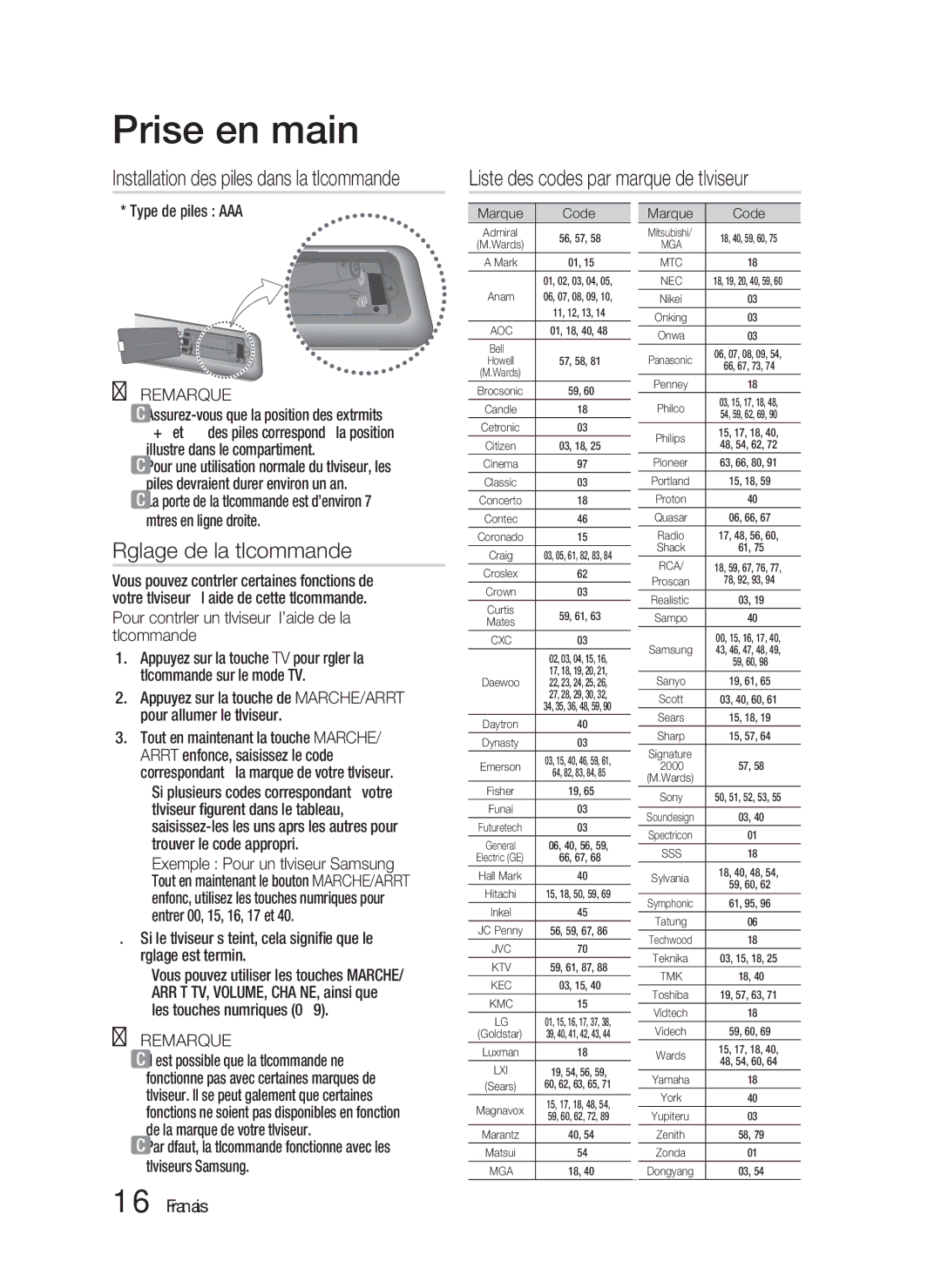 Samsung HT-D5100/XE, HT-D5100/EN Liste des codes par marque de téléviseur, Réglage de la télécommande, Type de piles AAA 