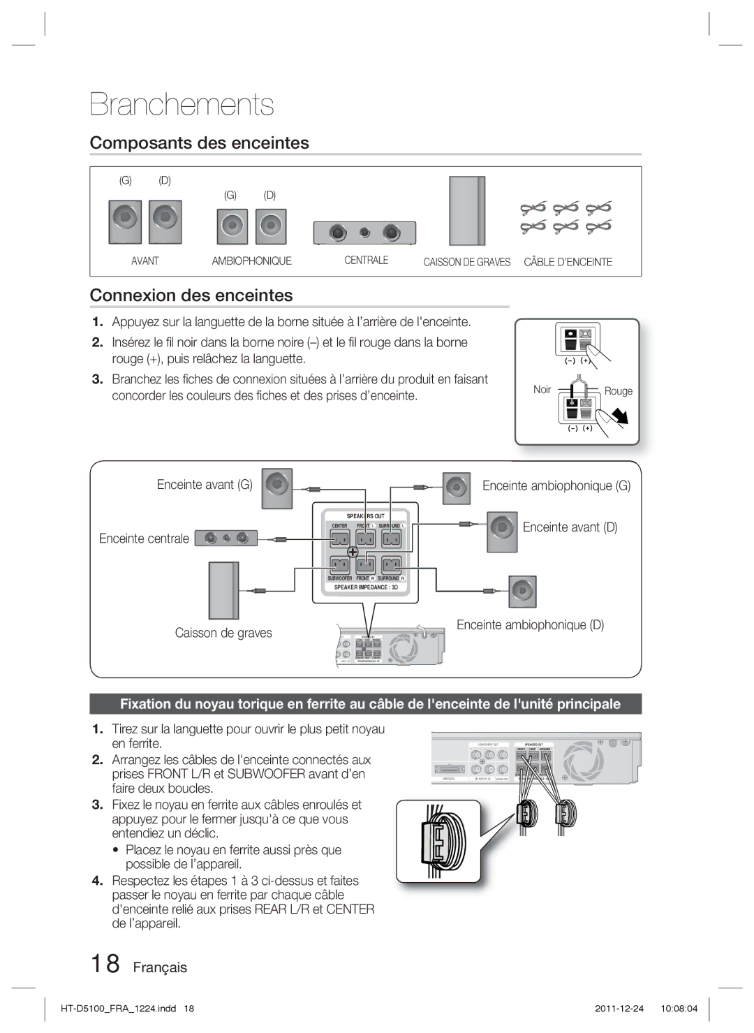 Samsung HT-D5100/XN, HT-D5100/EN, HT-D5100/ZF, HT-D5100/XE manual Composants des enceintes, Connexion des enceintes, Rouge 