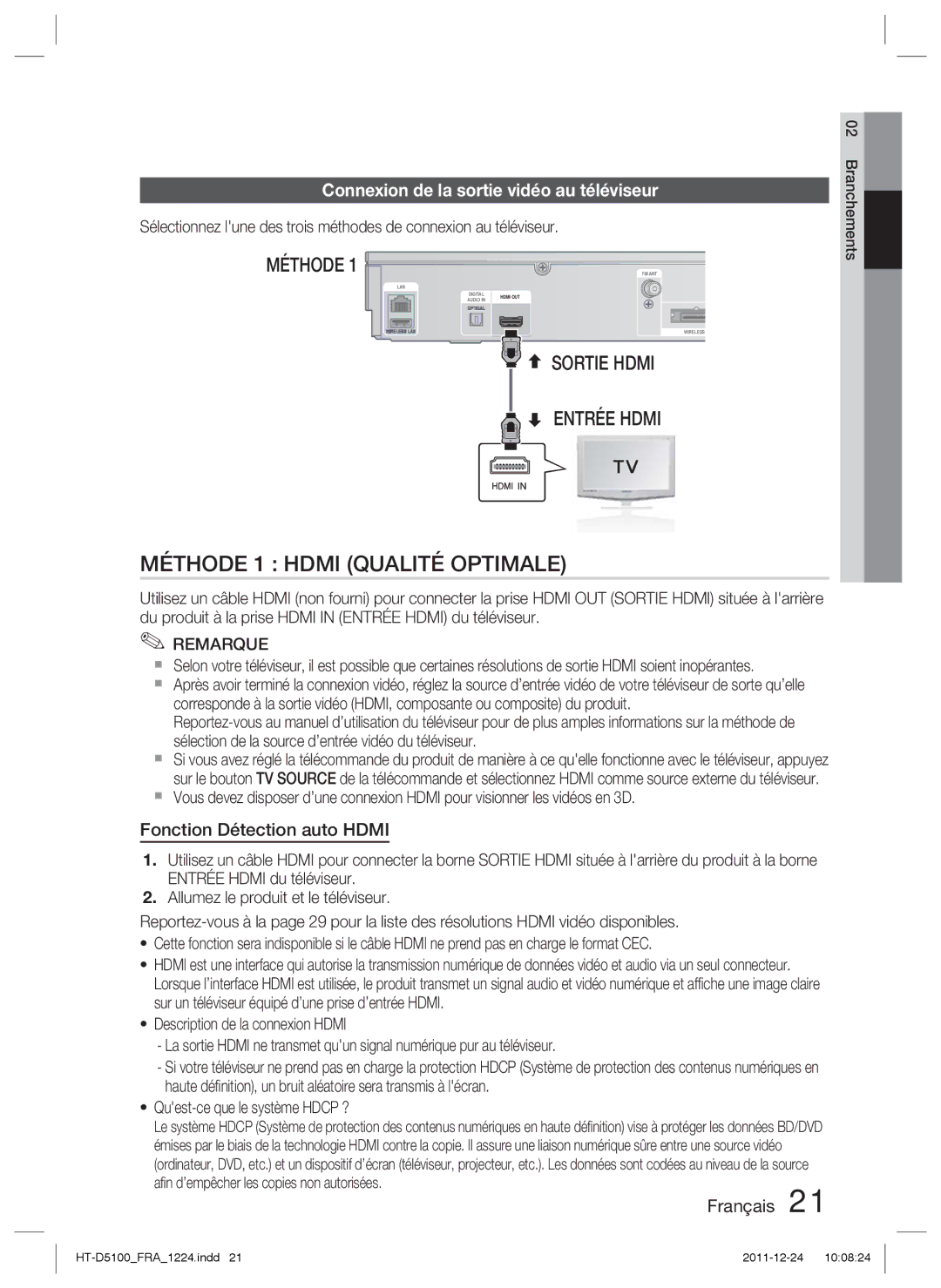 Samsung HT-D5100/EN, HT-D5100/XN, HT-D5100/ZF manual Connexion de la sortie vidéo au téléviseur, Fonction Détection auto Hdmi 