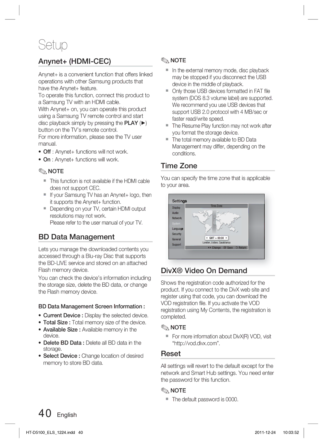 Samsung HT-D5100/EN, HT-D5100/XN, HT-D5100/ZF Anynet+ HDMI-CEC, BD Data Management, Time Zone, DivX Video On Demand, Reset 