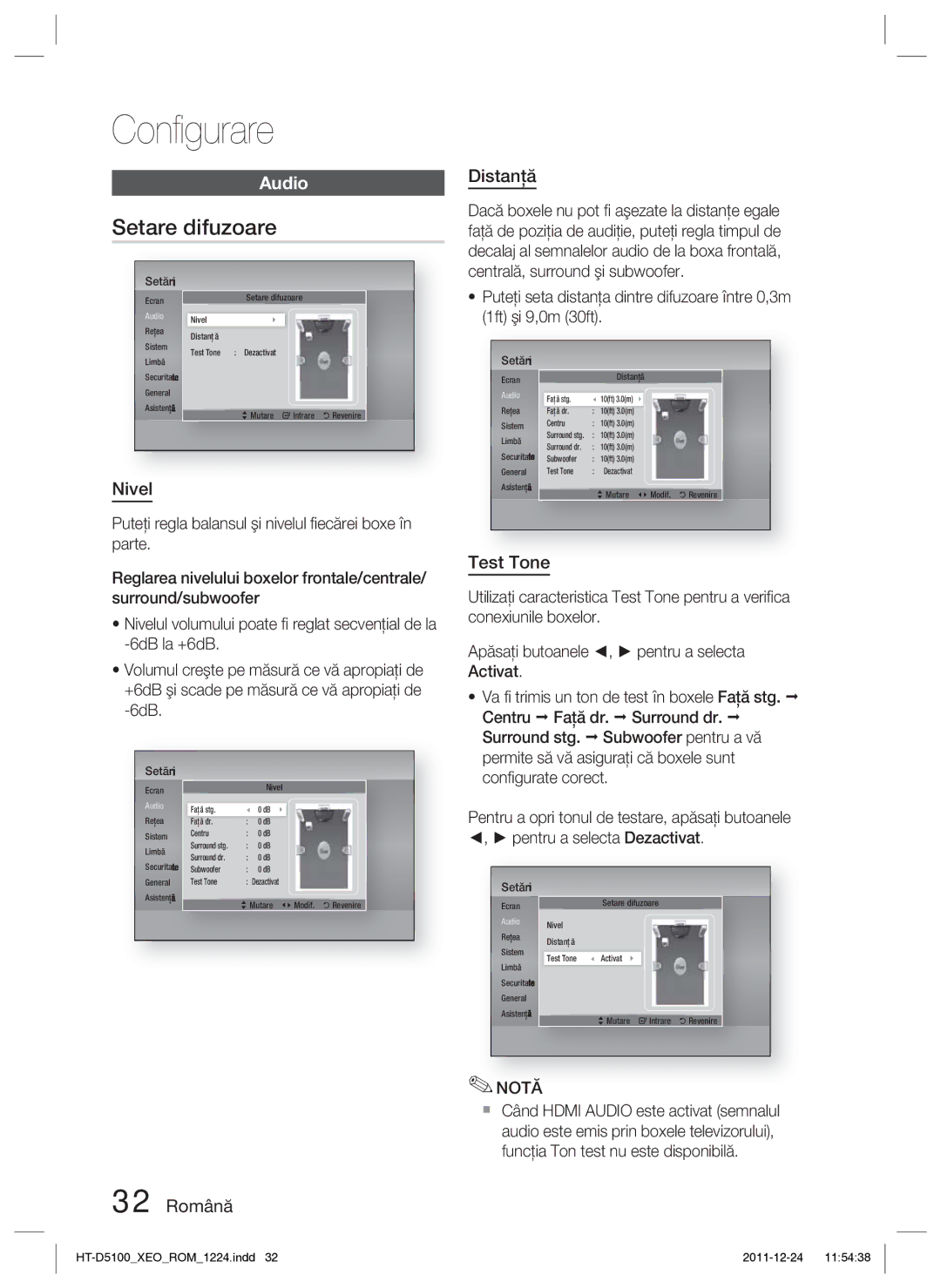 Samsung HT-D5100/EN manual Setare difuzoare, Audio, Nivel, 32 Română Distanţă, Test Tone 