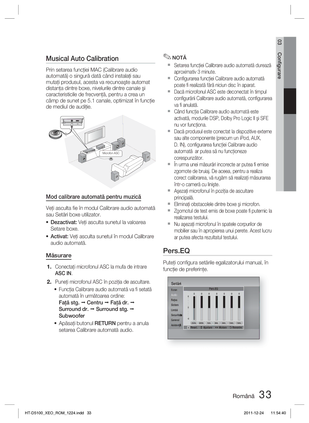 Samsung HT-D5100/EN manual Musical Auto Calibration, Pers.EQ, Mod calibrare automată pentru muzică, Măsurare, Asc 