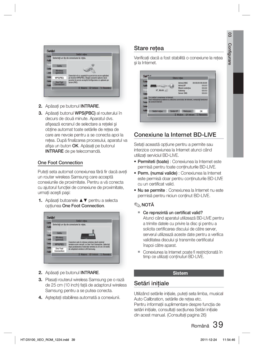 Samsung HT-D5100/EN manual Stare reţea, Conexiune la Internet BD-LIVE, Setări iniţiale, Sistem 