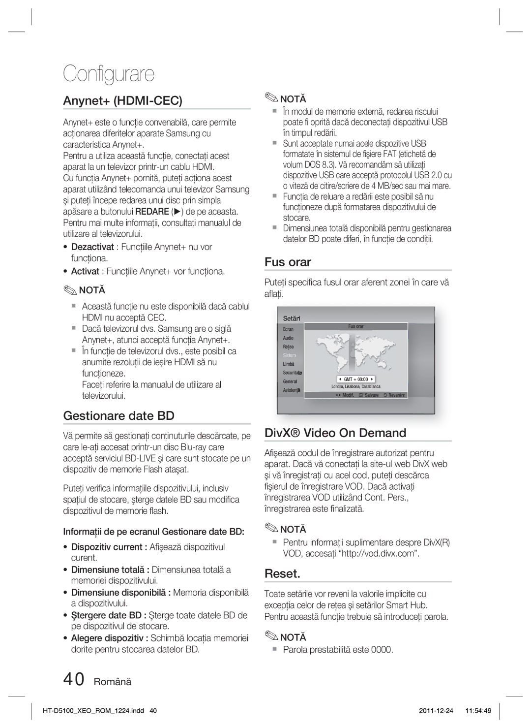 Samsung HT-D5100/EN manual Gestionare date BD, Fus orar, Reset, 40 Română 