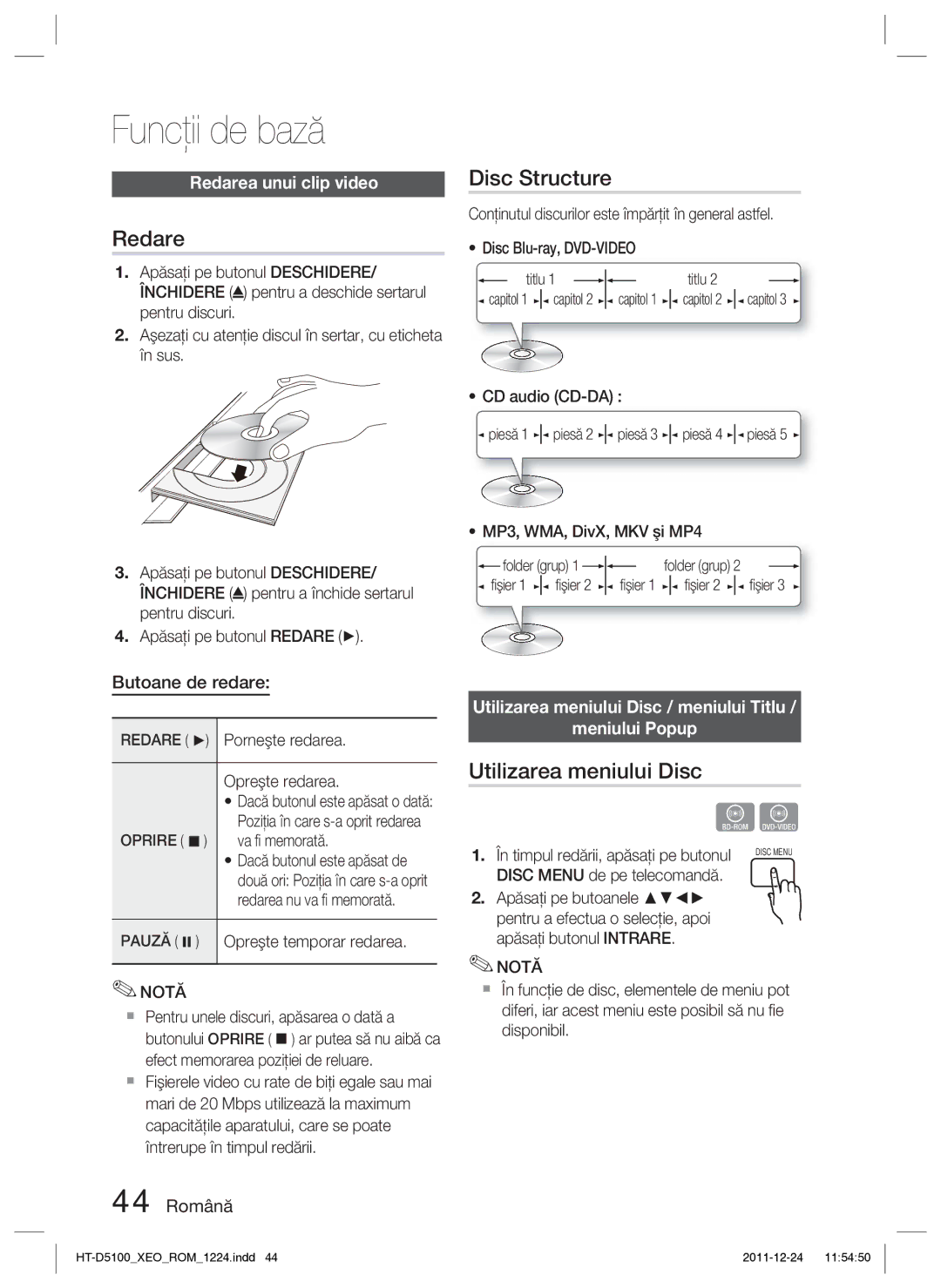 Samsung HT-D5100/EN manual Funcţii de bază, Redare, Disc Structure, Utilizarea meniului Disc 