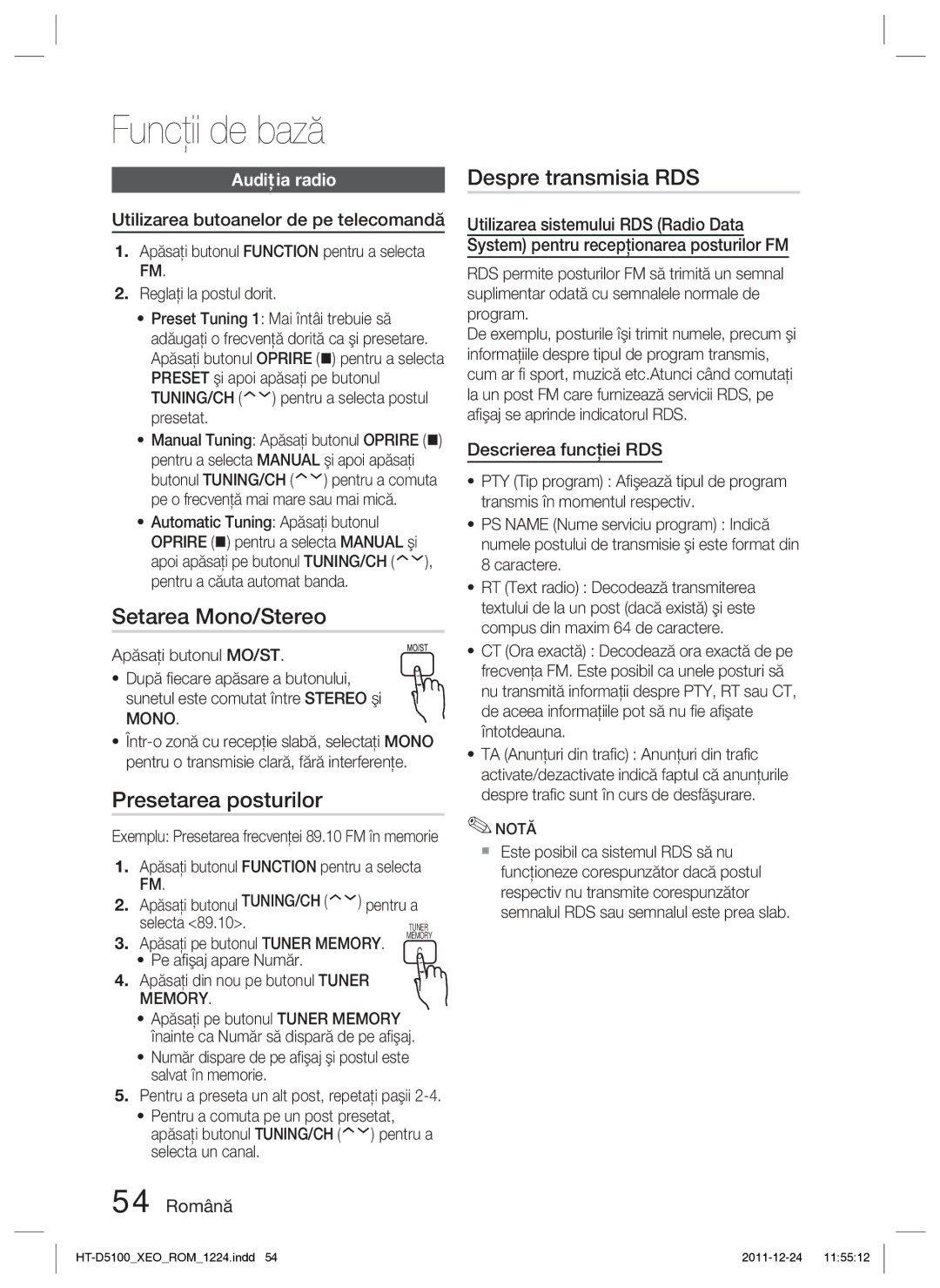 Samsung HT-D5100/EN manual Setarea Mono/Stereo, Presetarea posturilor, Despre transmisia RDS, Audiţia radio 