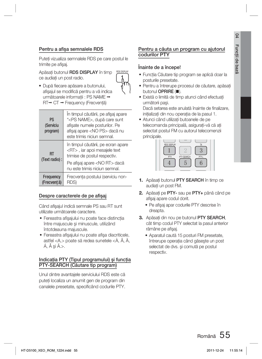 Samsung HT-D5100/EN manual Pentru a aﬁşa semnalele RDS, Despre caracterele de pe aﬁşaj, Codurilor PTY 