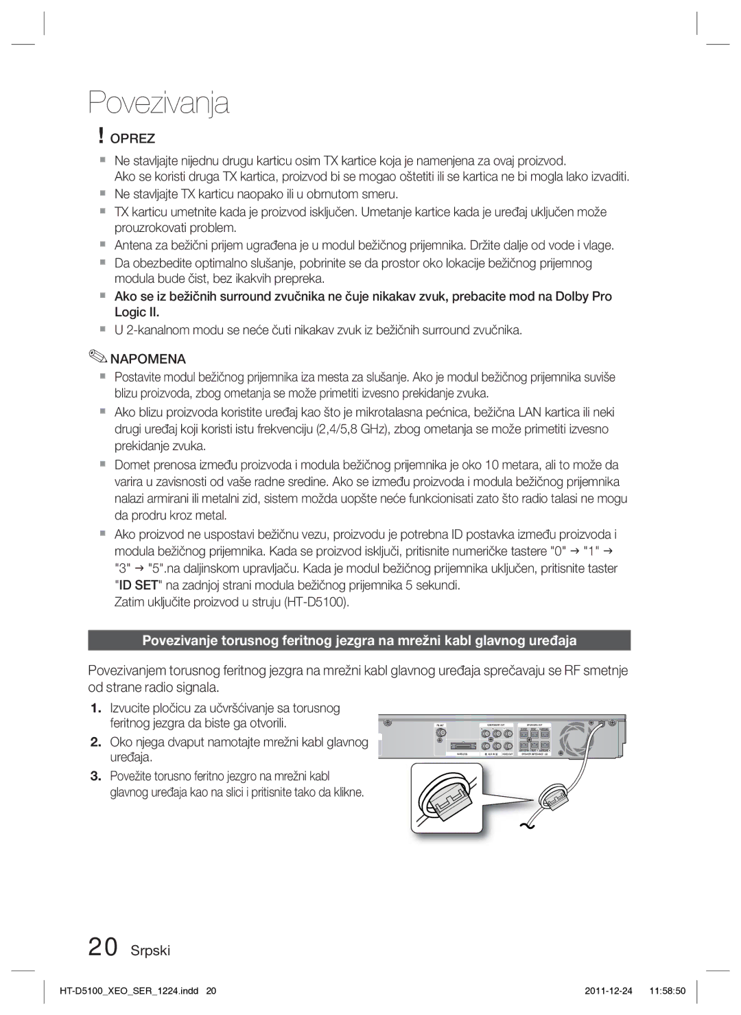 Samsung HT-D5100/EN manual Oprez, Oko njega dvaput namotajte mrežni kabl glavnog uređaja 