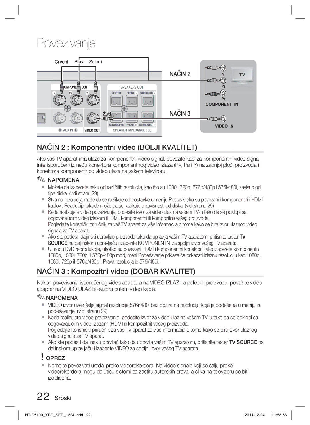 Samsung HT-D5100/EN manual Način 2 Komponentni video Bolji Kvalitet, Način 3 Kompozitni video Dobar Kvalitet 