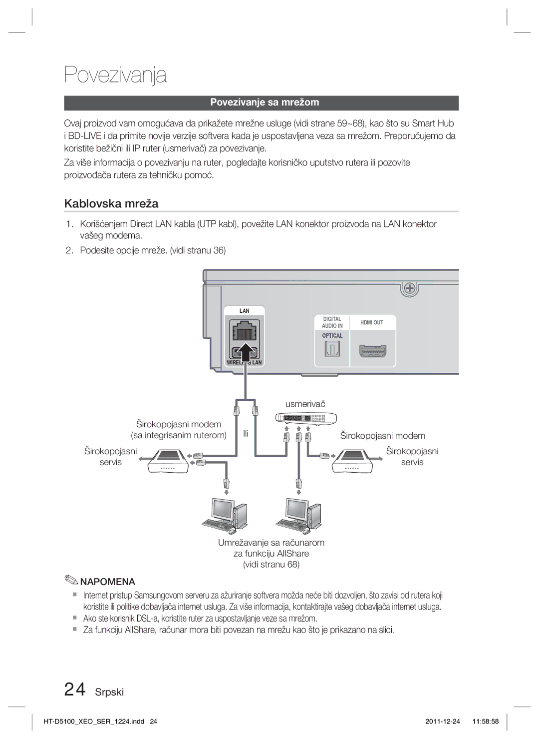 Samsung HT-D5100/EN manual Povezivanje sa mrežom, Usmerivač 