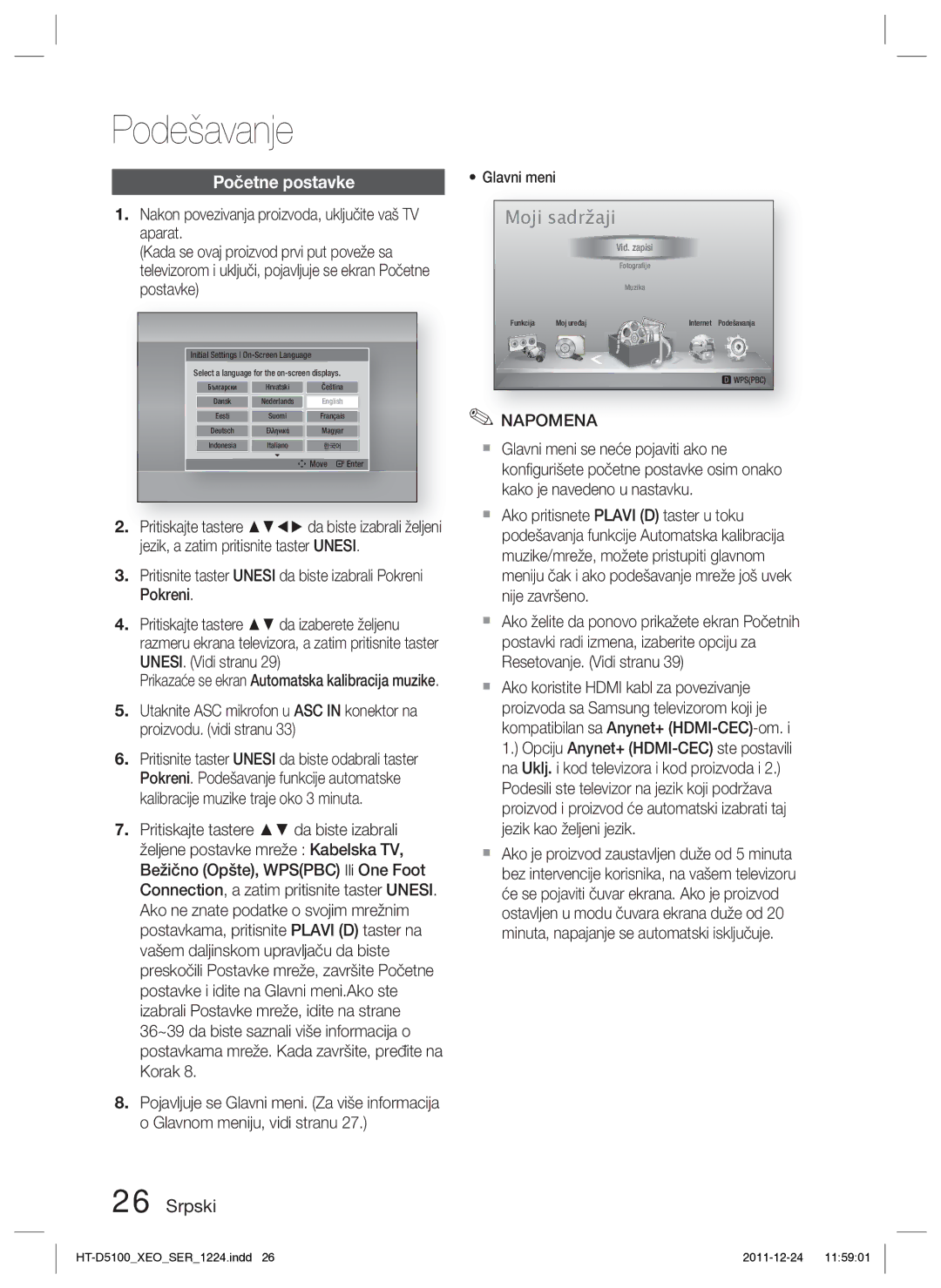 Samsung HT-D5100/EN manual Podešavanje, Početne postavke, Glavni meni, Prikazaće se ekran Automatska kalibracija muzike 