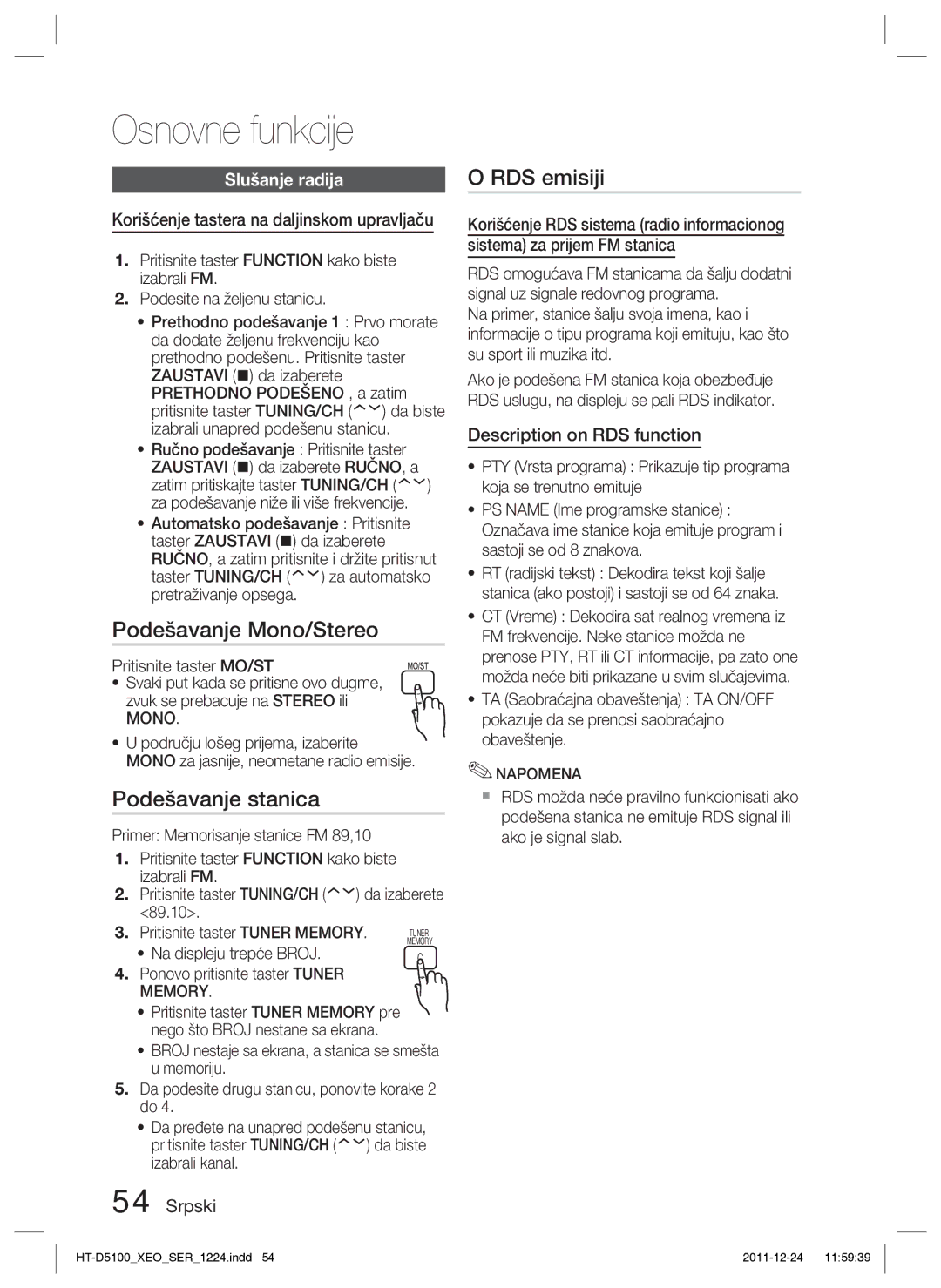 Samsung HT-D5100/EN manual Podešavanje Mono/Stereo, Podešavanje stanica, RDS emisiji, Slušanje radija 