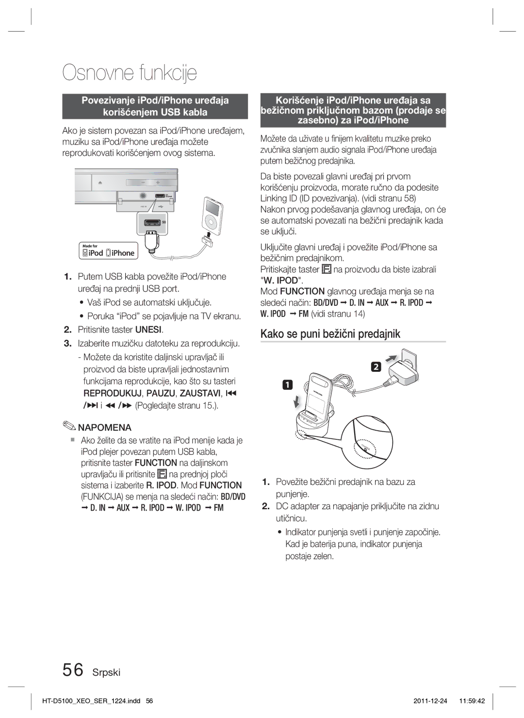 Samsung HT-D5100/EN manual Kako se puni bežični predajnik, Povezivanje iPod/iPhone uređaja Korišćenjem USB kabla 