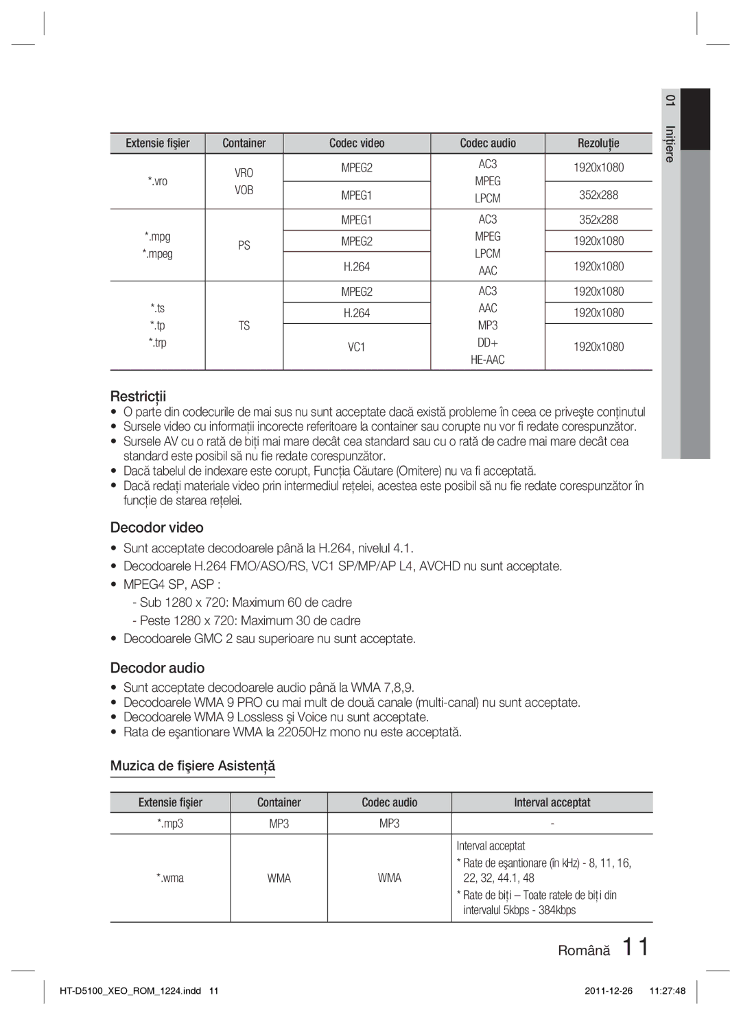 Samsung HT-D5100/EN manual Restricţii, Decodor video, Decodor audio, Muzica de ﬁşiere Asistenţă 