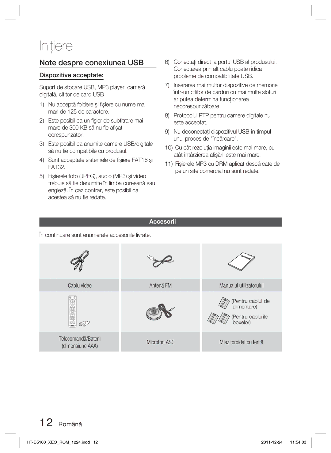 Samsung HT-D5100/EN manual Dispozitive acceptate, Accesorii, 12 Română 