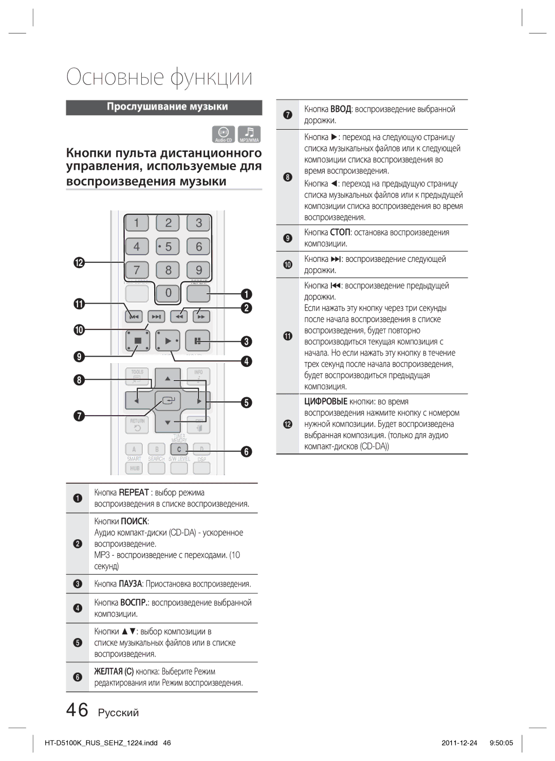 Samsung HT-D5100K/RU manual Основные функции, Прослушивание музыки 