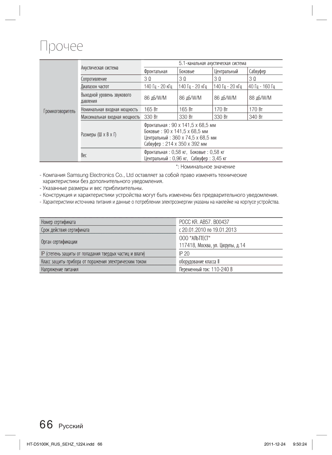 Samsung HT-D5100K/RU manual OOO Альттест 