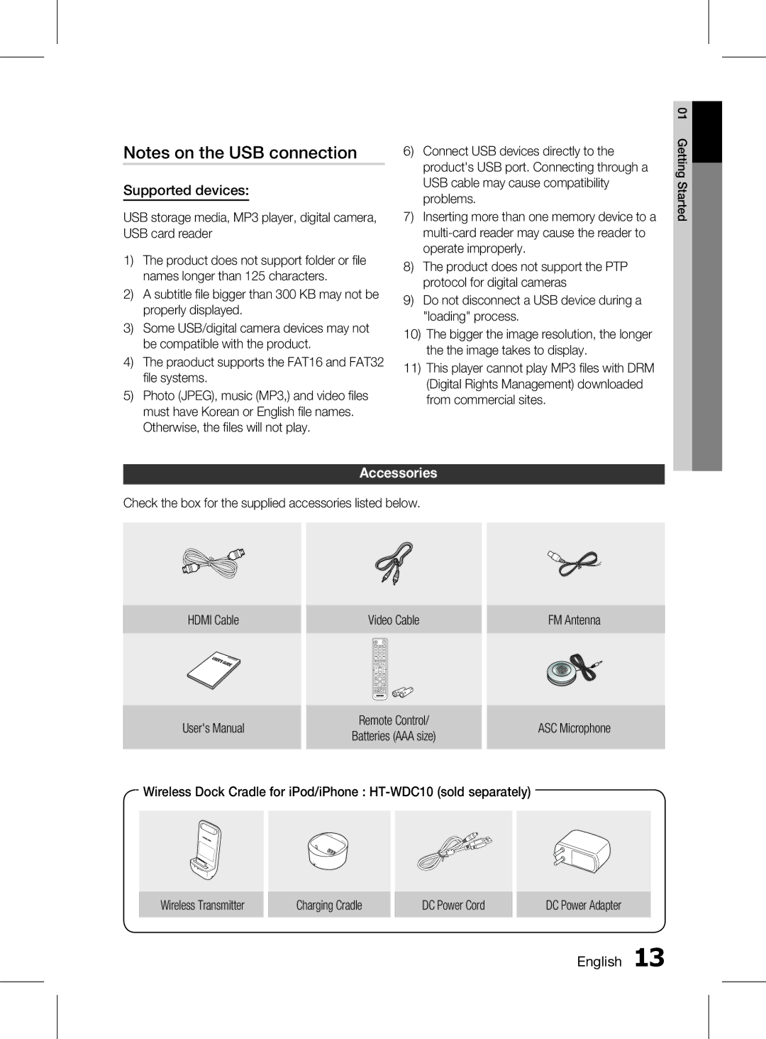 Samsung HT-D5150K/UM, HT-D5150K/ZN, HT-D5150K/SQ manual Supported devices, Accessories 