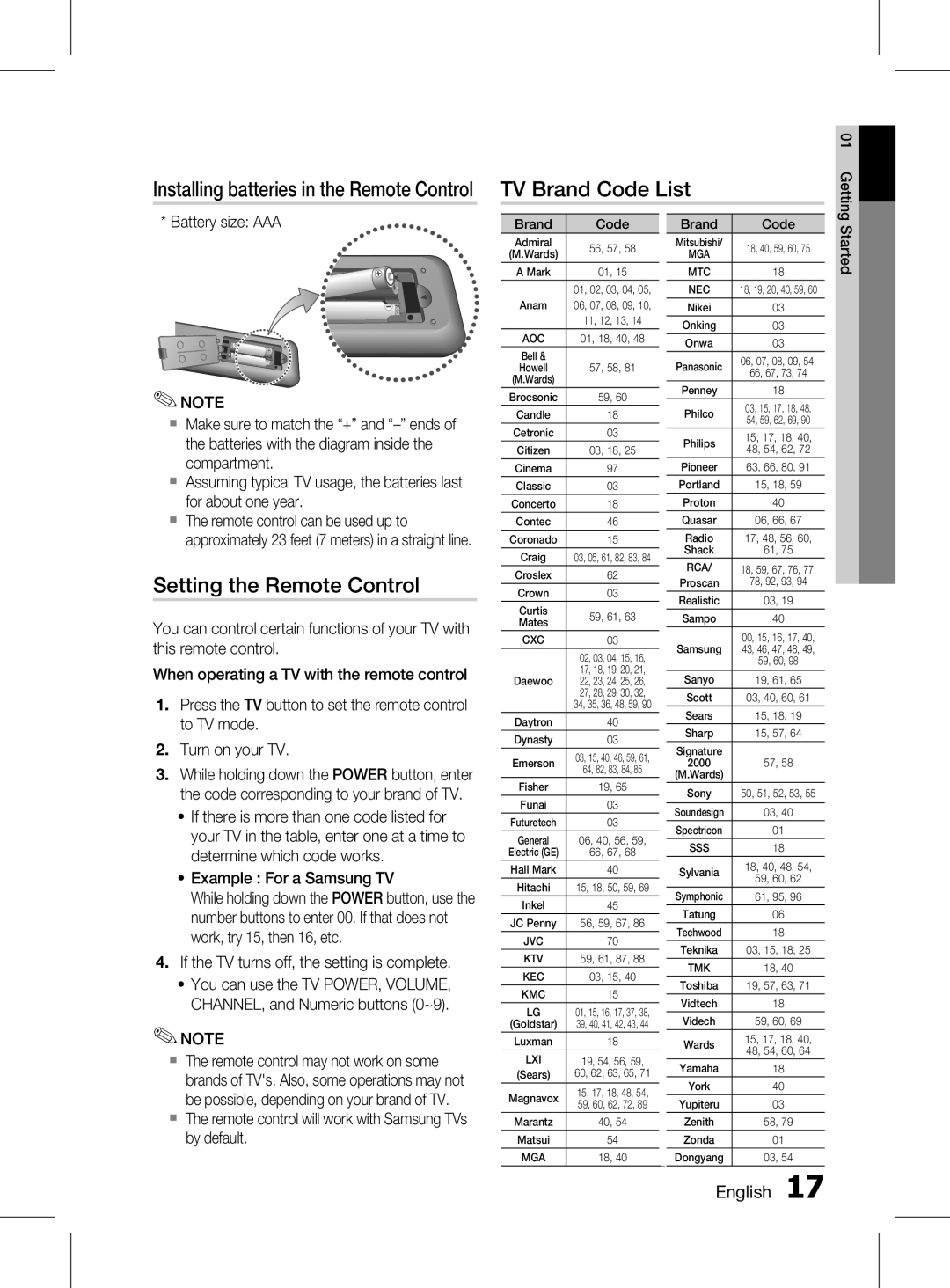 Samsung HT-D5150K/SQ, HT-D5150K/ZN, HT-D5150K/UM manual TV Brand Code List, Setting the Remote Control 