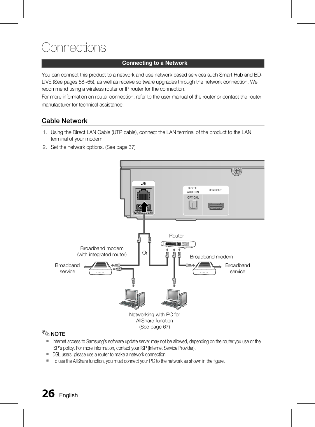 Samsung HT-D5150K/SQ, HT-D5150K/ZN, HT-D5150K/UM manual Connecting to a network, Broadband modem, Broadband Service 