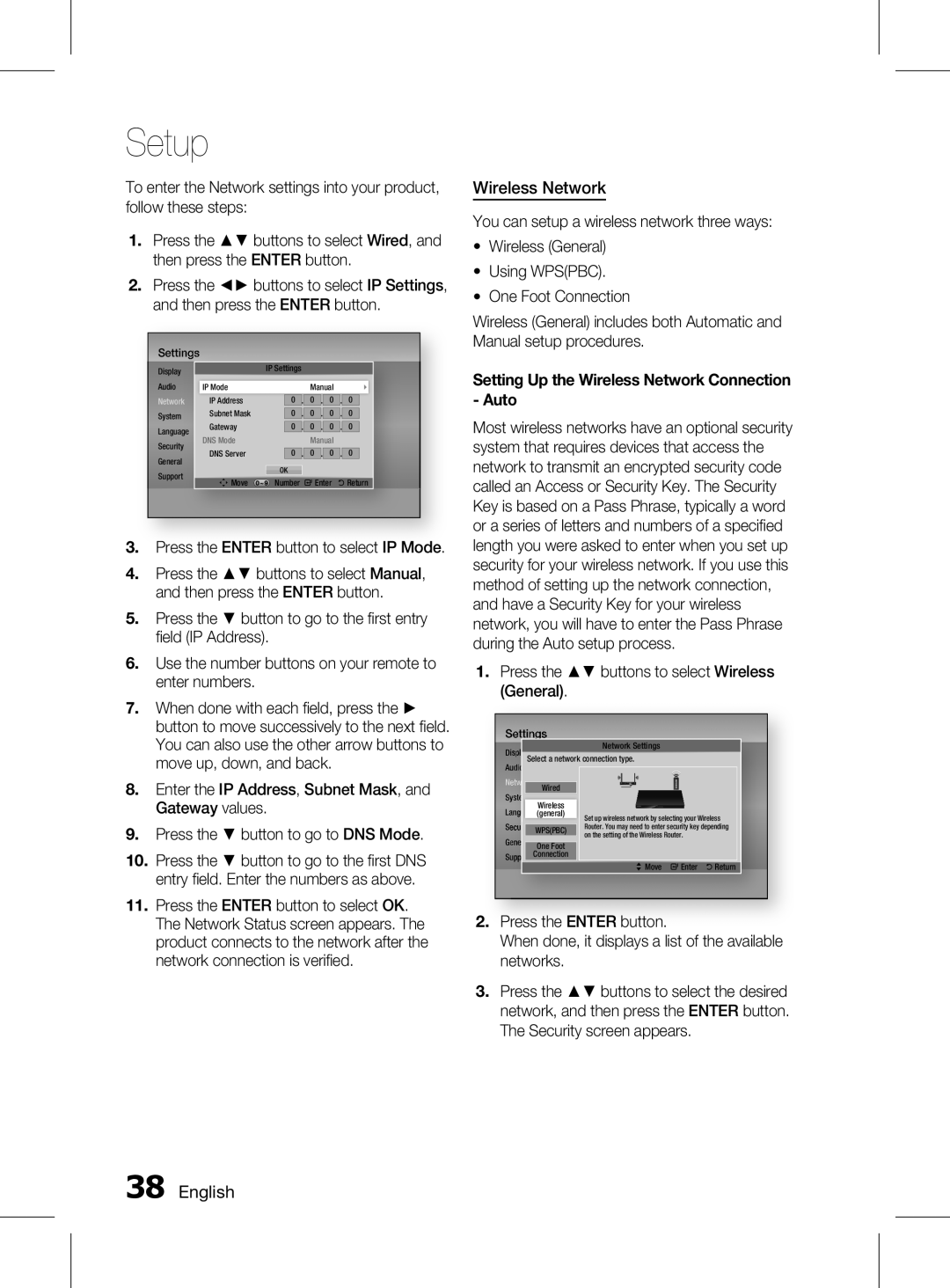 Samsung HT-D5150K/SQ, HT-D5150K/ZN, HT-D5150K/UM manual Wireless Network, Press the Enter button to select IP Mode 