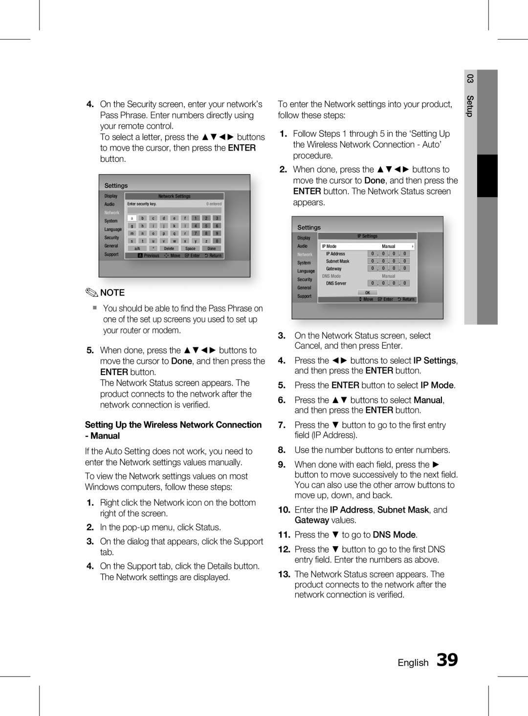 Samsung HT-D5150K/ZN, HT-D5150K/UM, HT-D5150K/SQ Setting up the Wireless network Connection manual, Settings 