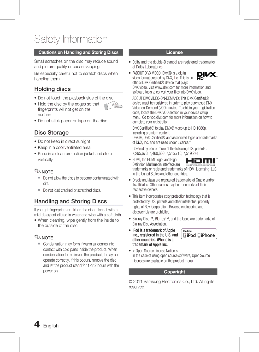 Samsung HT-D5150K/UM, HT-D5150K/ZN manual Holding discs, Disc Storage, Handling and Storing Discs, License, Copyright 