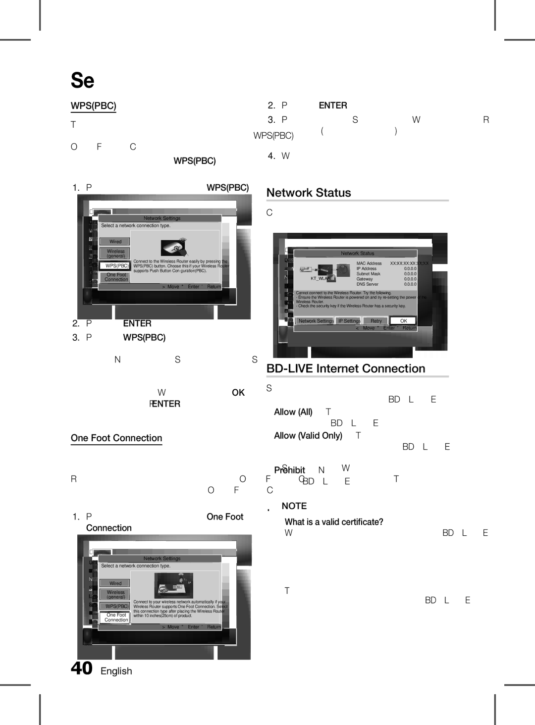 Samsung HT-D5150K/UM, HT-D5150K/ZN, HT-D5150K/SQ manual Network Status, BD-LIVE Internet Connection, One Foot Connection 