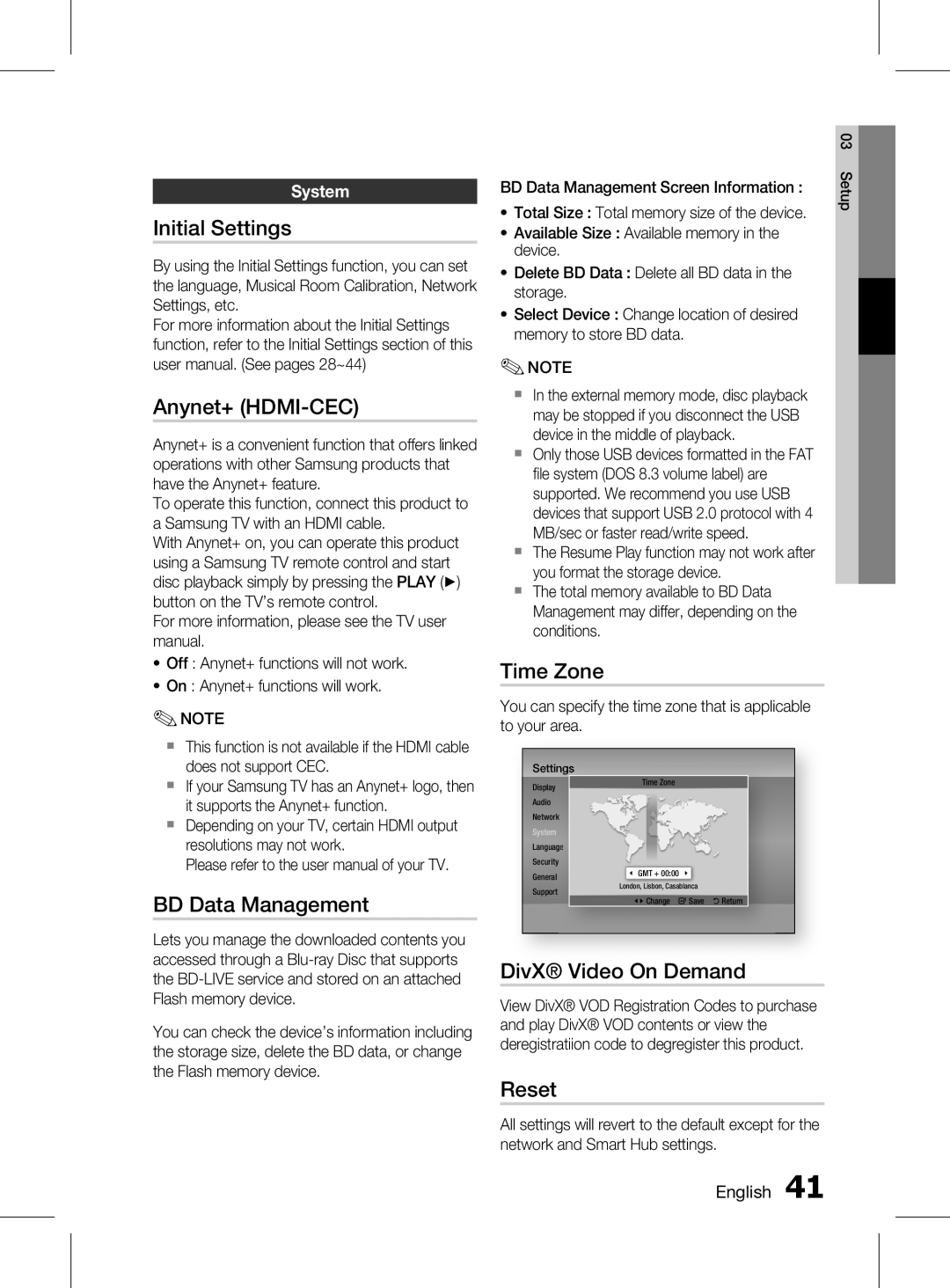 Samsung HT-D5150K/SQ manual Initial Settings, Anynet+ HDMI-CEC, BD Data Management, Time Zone, DivX Video On Demand, Reset 