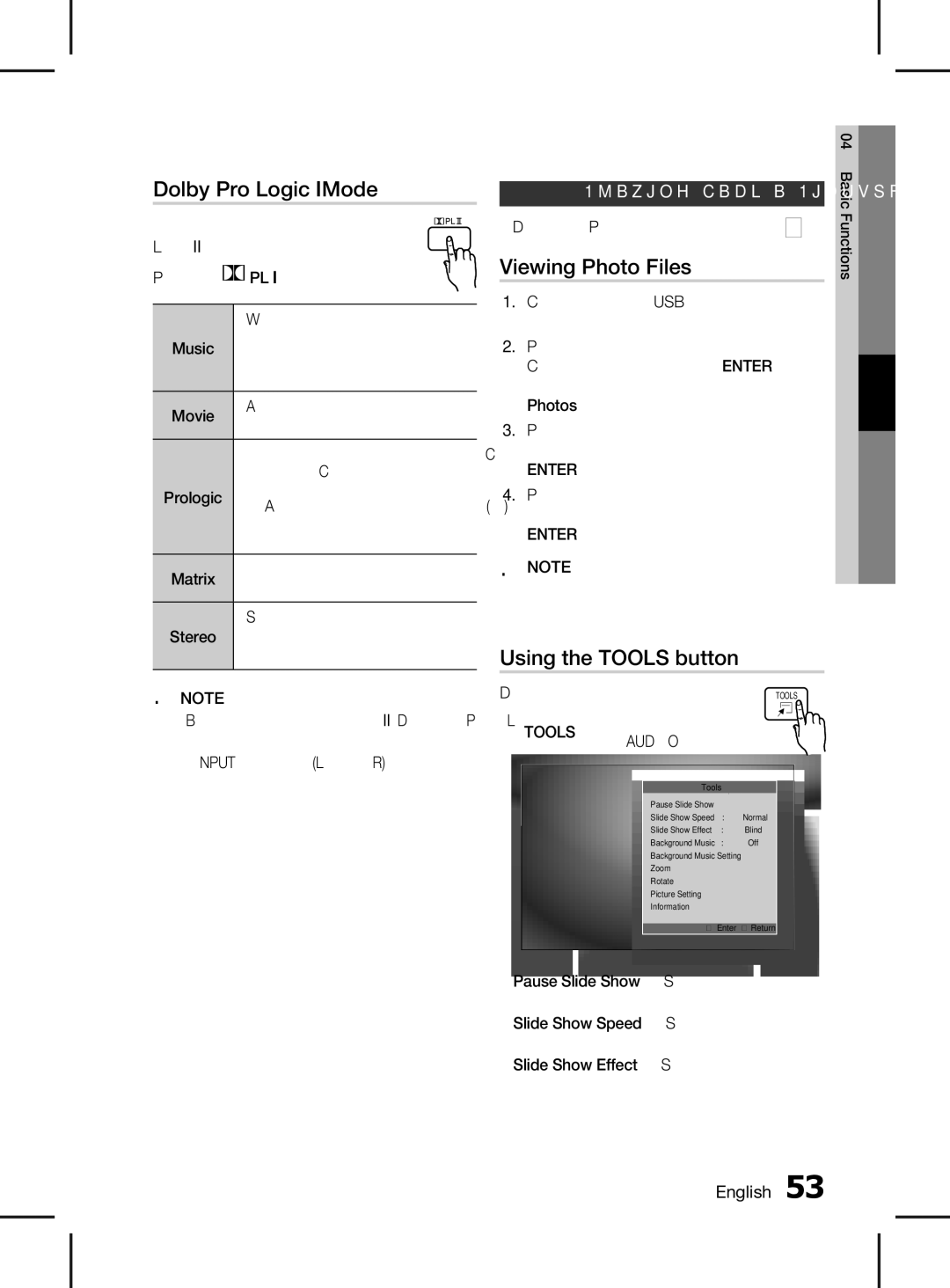 Samsung HT-D5150K/SQ manual Dolby Pro Logic II Mode, Viewing Photo Files, Using the Tools button, Playing back a Picture 