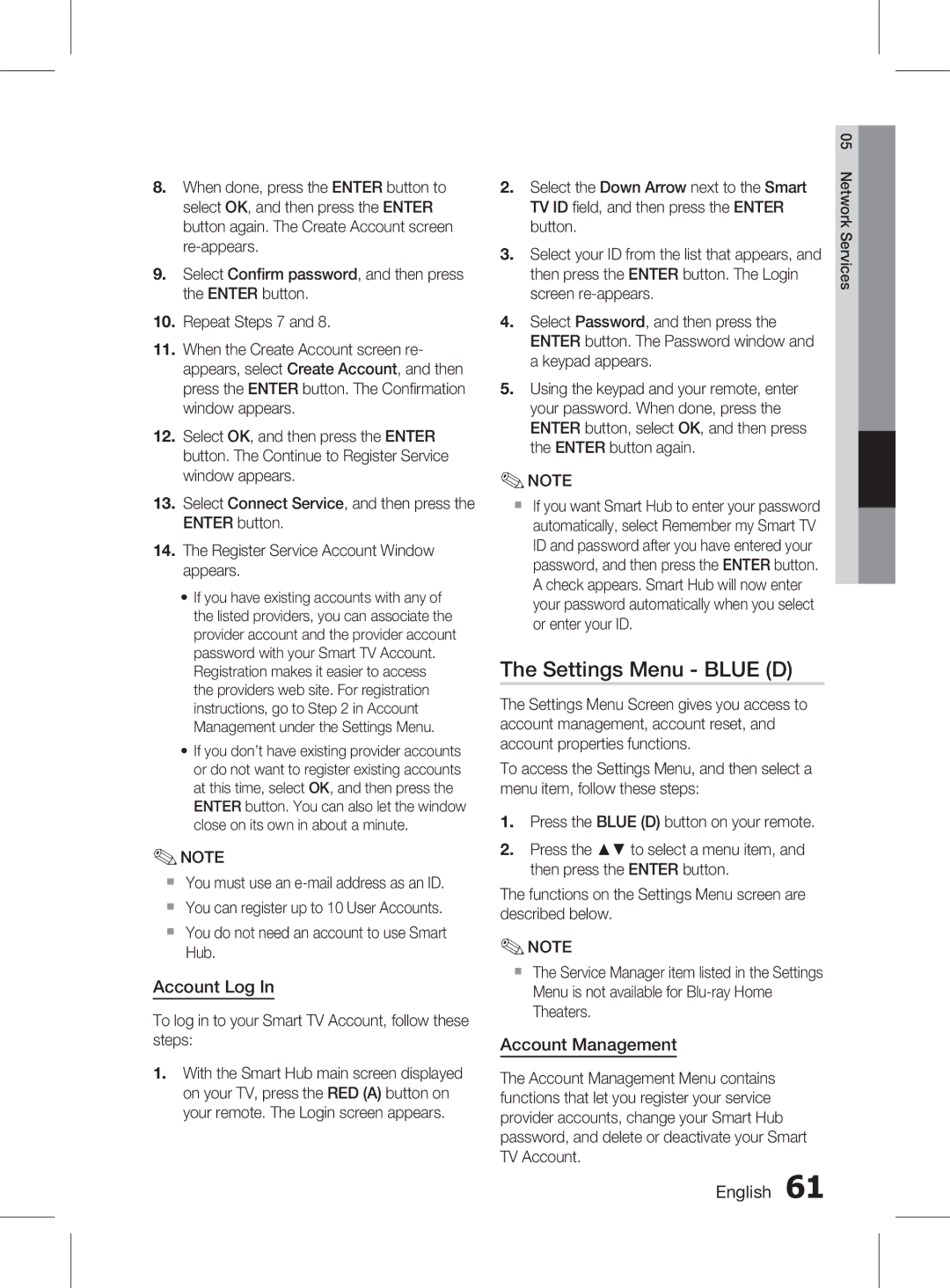 Samsung HT-D5150K/UM, HT-D5150K/ZN, HT-D5150K/SQ manual Settings Menu Blue D, Account Log, Account Management 